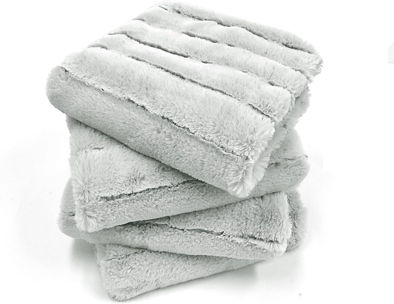 Striped Faux Fur Decorative Square Throw Pillow Covers with Sherpa Back 20 x 20 Inches Set of 4, Plush Soft Luxury Cushion Case Pillowcase for Couch Bed Bedroom Living Room, Light Gray