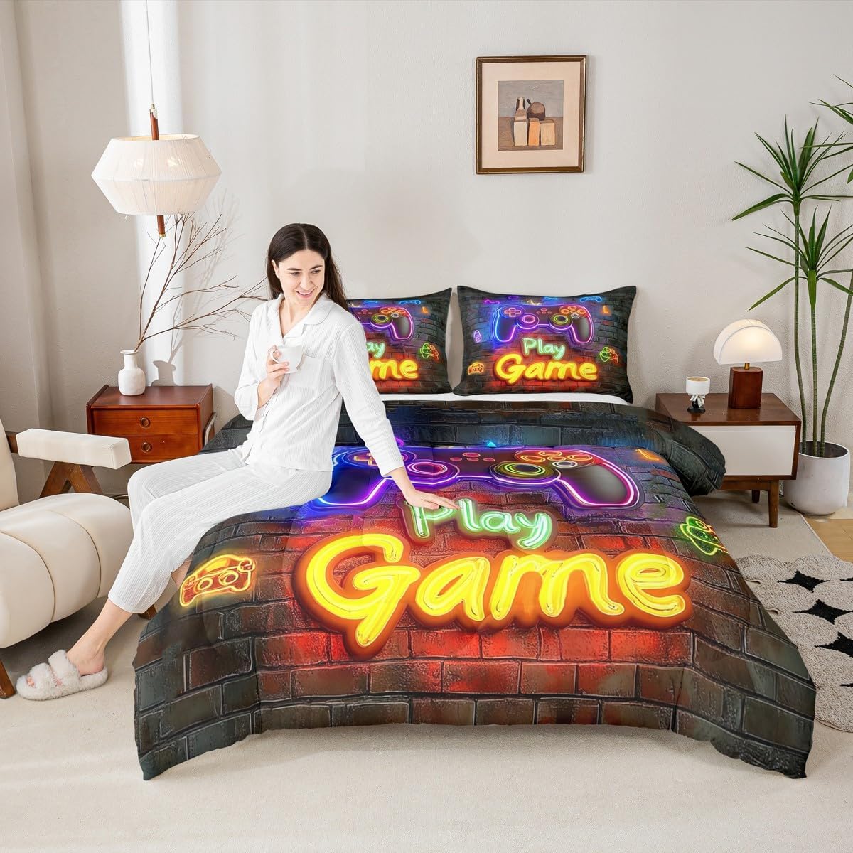 Erosebridal Gamer Gaming Queen Bedding for Boys Retro Neon Gaming Comforter Set for Girls Kids Teen Video Game Bedding Comforter Sets Space Game Play Gamepad Duvet Insert Game Room Decor Quilt