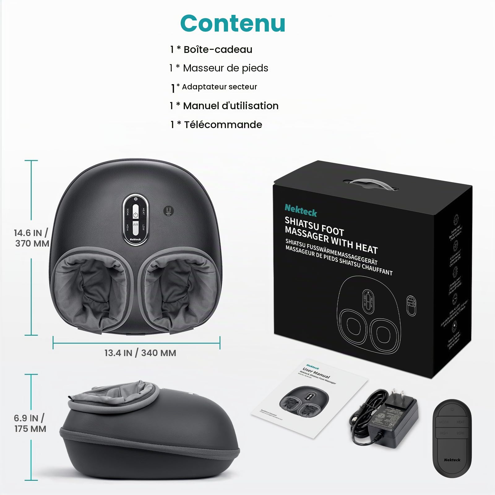 Nekteck Masseur Pieds avec Chaleur, Masseur Shiatsu pour La Fasciite Plantaire avec Télécommande, Massage par Pétrissage Profond et Compression D'Air pour Pieds, Cadeaux pour Hommes Femmes
