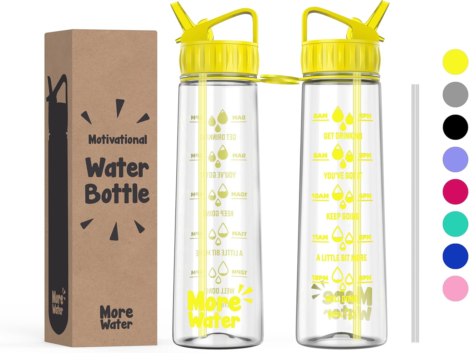 More Water Bottle With Straw, Motivational Time Markings 900ml