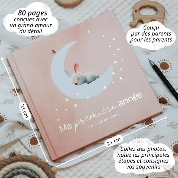 Livre de naissance Ma première année + set d’autocollants I Album photo bébé avec lettrage or I 80 pages à remplir I Cadeau de naissance pour fille et garçon I Cadeau spécial bébé (Rose) - 2