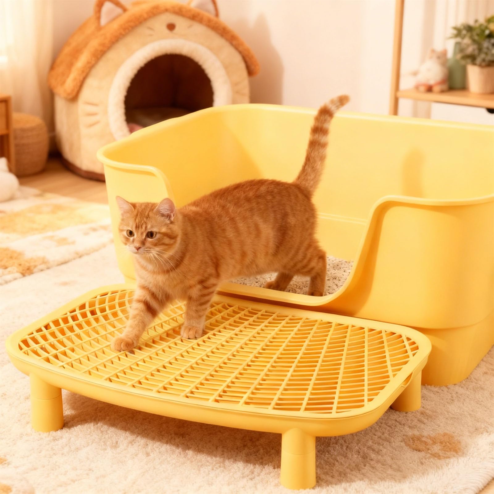 Katzentoilette Anti-Tracking Plattform mit erhöhter Bauweise, 18,1 Zoll / 46 cm breit, Wabenstruktur, abnehmbare Katzenstreu Stufe, gelbe Streustufe für leichtes Reinigen und mehr Ordnung