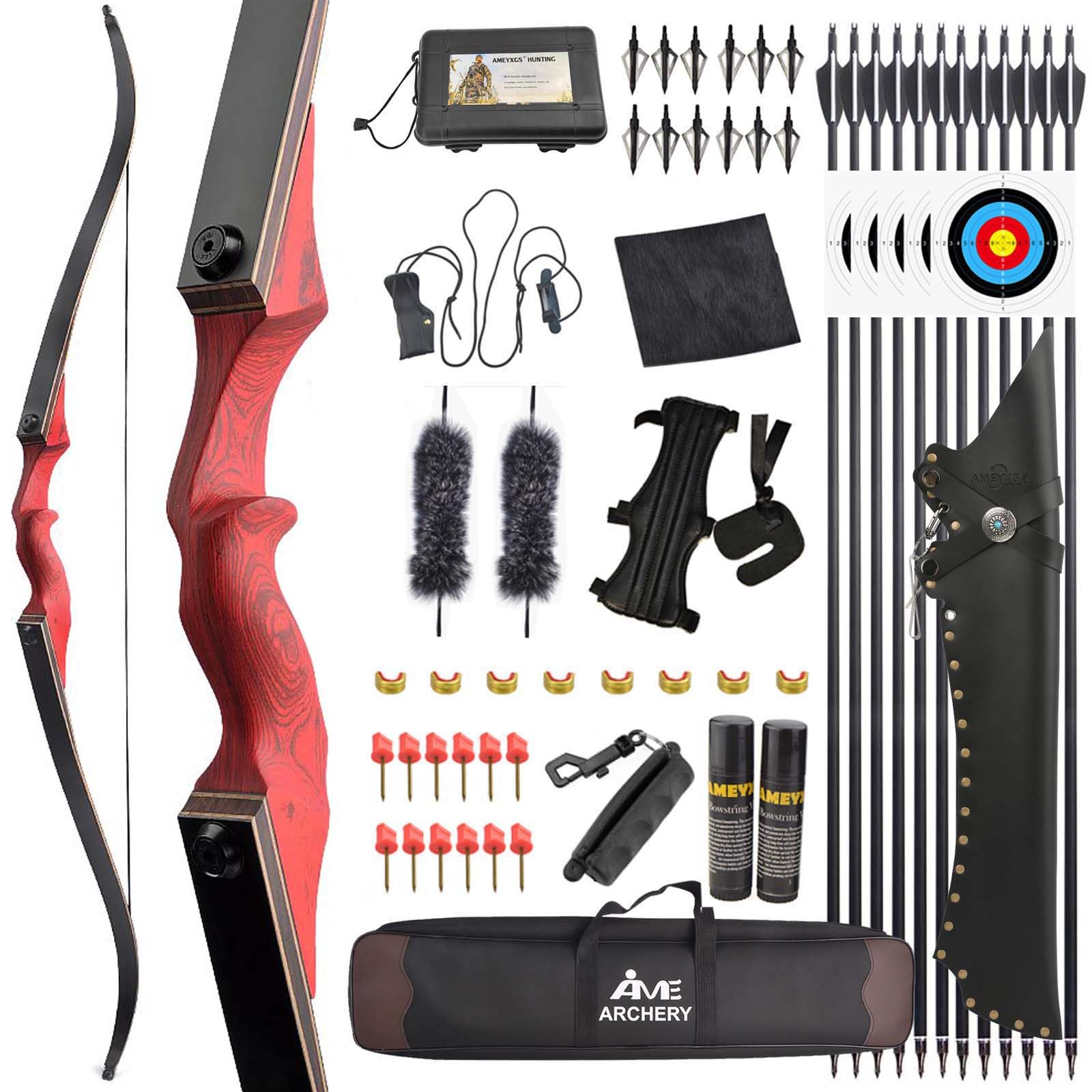 Poearcus Recurve Bow and Arrow Set 20-60lbs Black Hunter Original Archery Set 60” Hunting Bow Competition Bow Longbow for Shooting Left/Right Handed (Red, 45ibs, Left Hand)