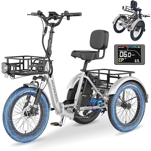 MOPHOTO Electric Tricycles for Adults, 3 Wheel E-Bike with 350W–750W Motor, Folding or Cruiser Frame, Multiple Speeds and Tire Sizes, UL Certified