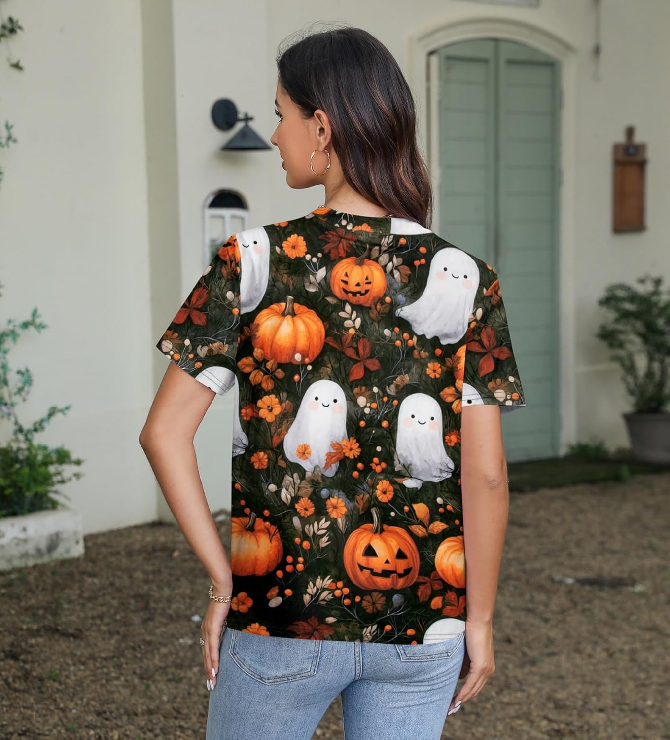 Women Halloween Shirt Funny Pumpkin Face Graphic Tees Autumn Casual V-Neck Fall Short Sleeve Loose Tops - Image 4
