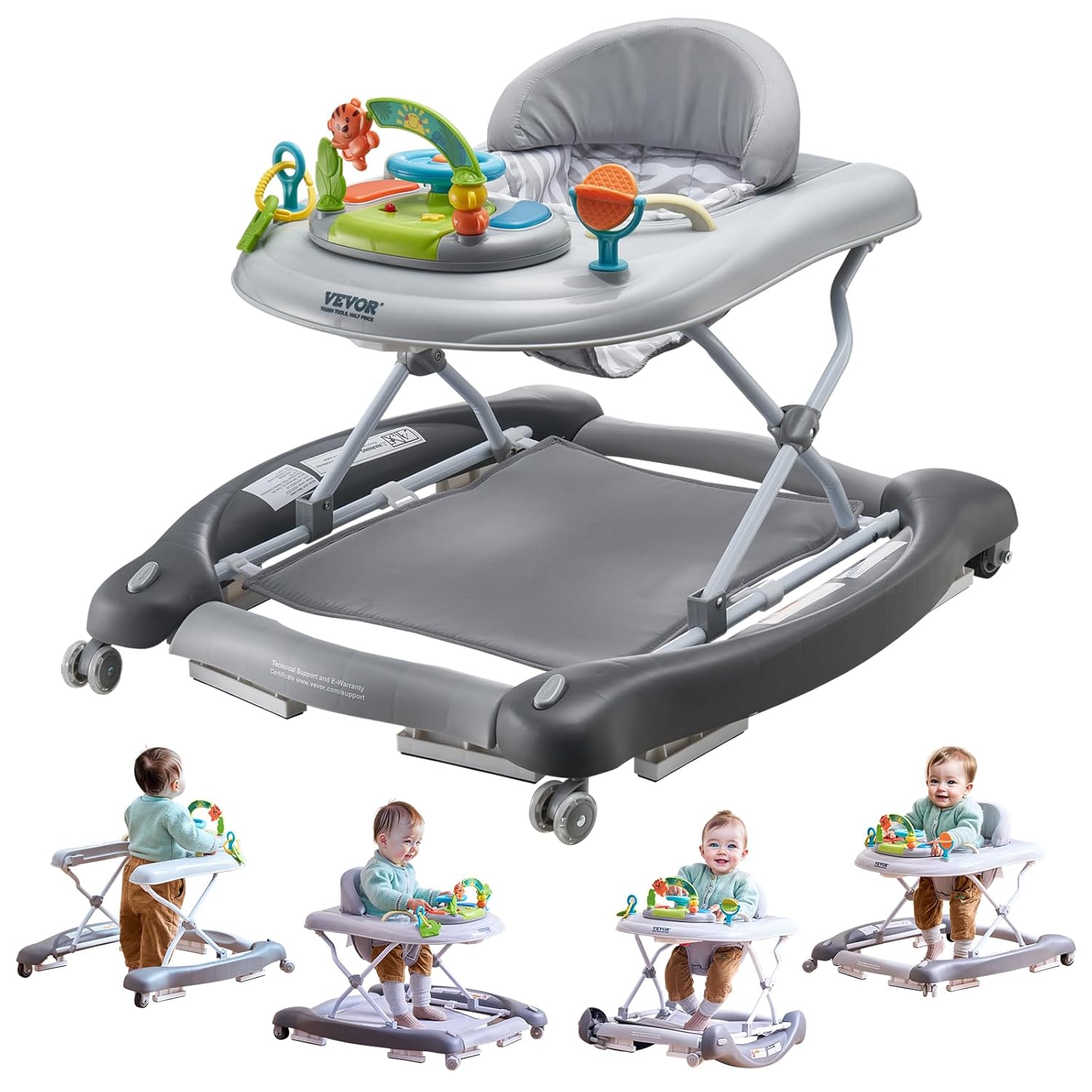 VEVOR 4-in-1 Baby Walker, Foldable Baby Activity Center with Wheels, 3 Adjustable Height, Music &amp; Toys Tray, Learning-Seated | Walk-Behind | Rocker | Bouncer Toddler Walker for Boys Girls 6-24 Mon