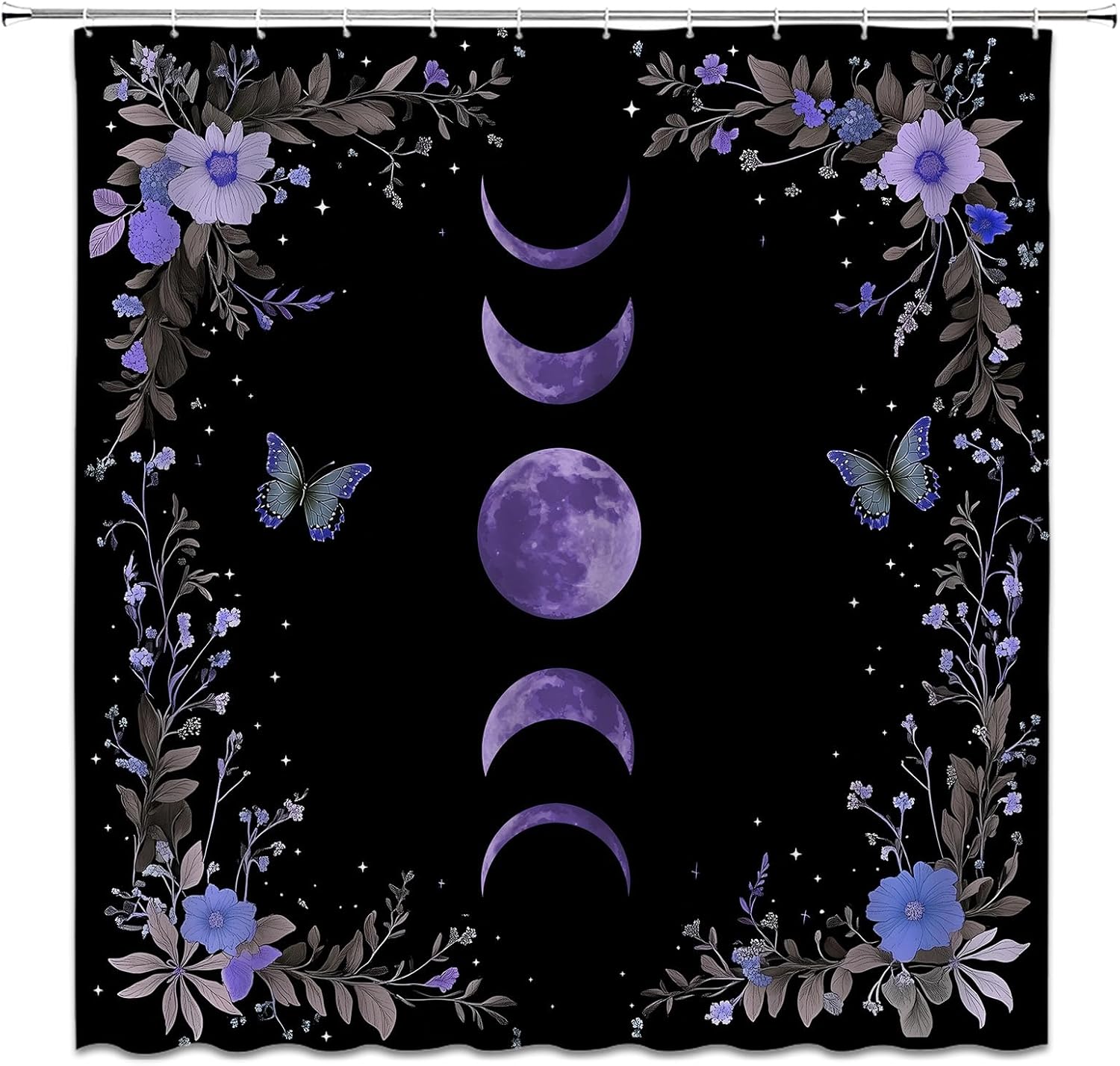 Moon Phase Shower Curtain Moonlit Goth Black Floral Gothic Witchy Mysticism Celestial Witch Flower Leaves Plants Fabric Bathroom Decor Set with Hooks(108" Wx70 L)
