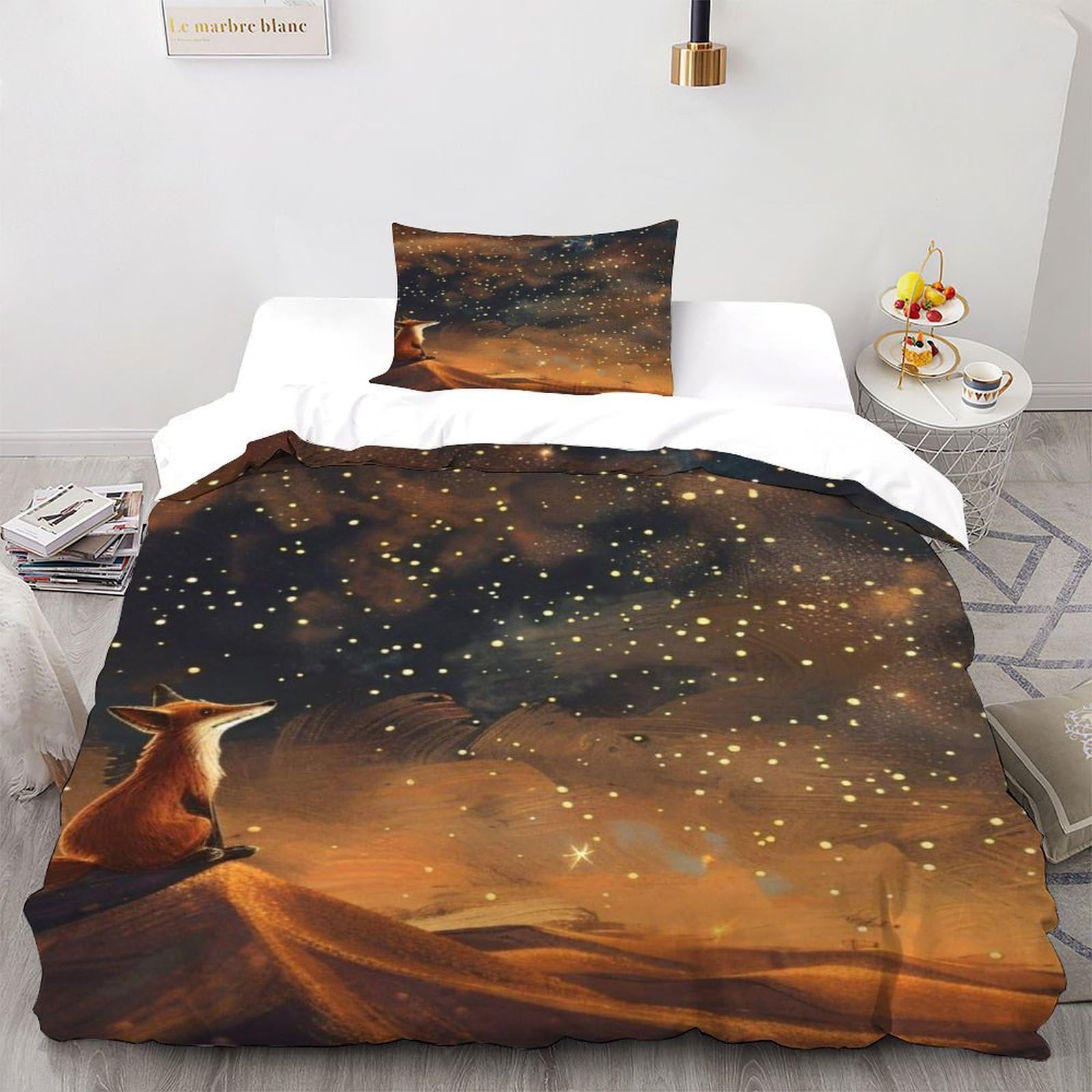 Fox Starry Sky Bedding Set Theme Bedspread Animal Themes Wildlife Duvet Cover Set Chic Breathable Quilt Cover Universal for All Seasons Pillowcase Single（135x200cm）