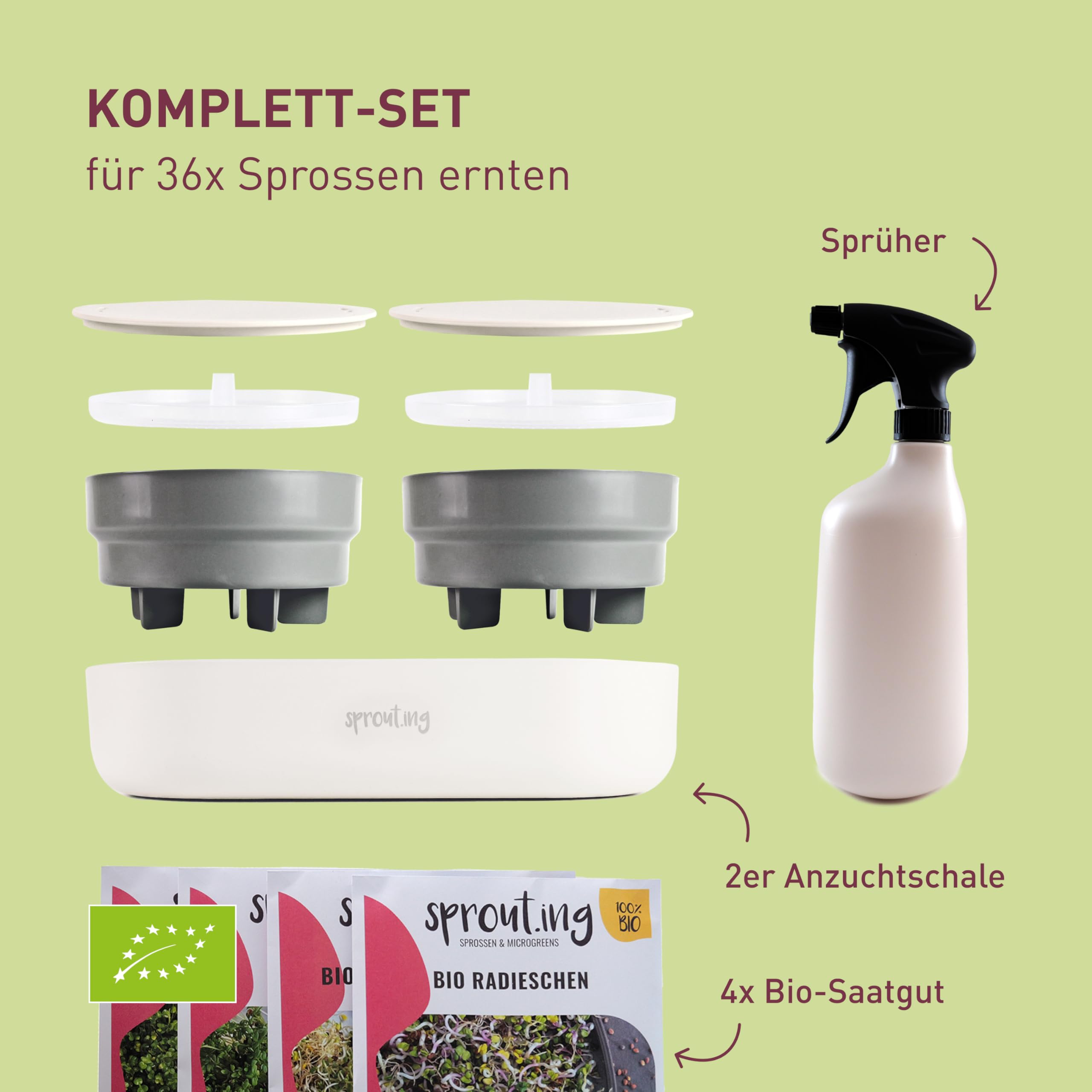 Plantura Bio-Sprossen Anzucht-Set (Komplett), keimstarkes Bio-Saatgut, für Sprossen & Microgreens, BPA-frei & spülmaschinengeeignet, 4 Sorten, bis zu 36 Ernten