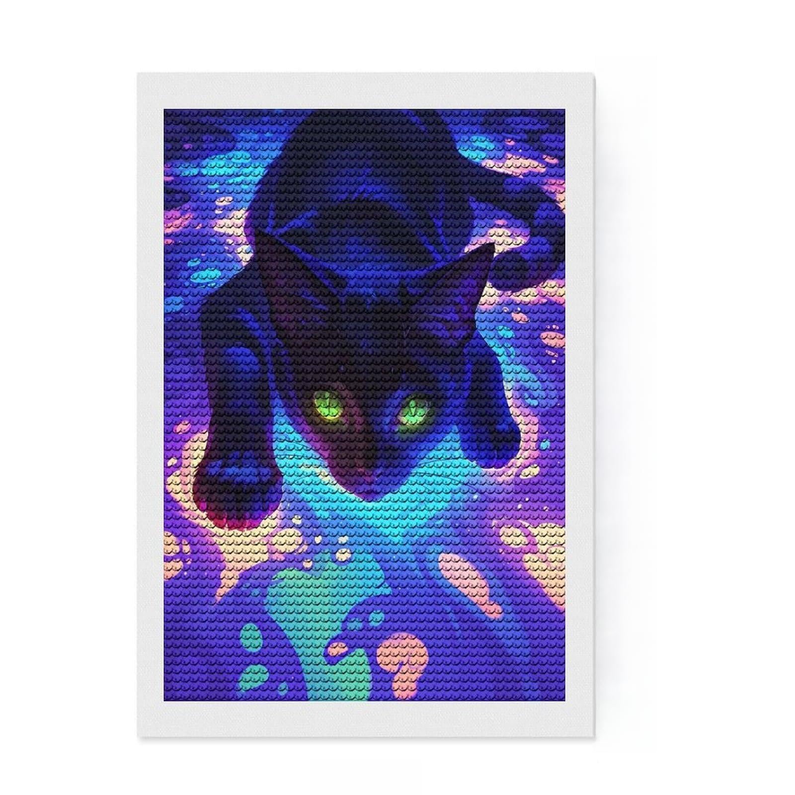 Junmoney Black Cat in Neon Swirls DIY Diamond Art Canvas Kit 8"x12", for Creative Relaxation, with Tool Kit, Vintage Style Decor, Festive Craft Gift