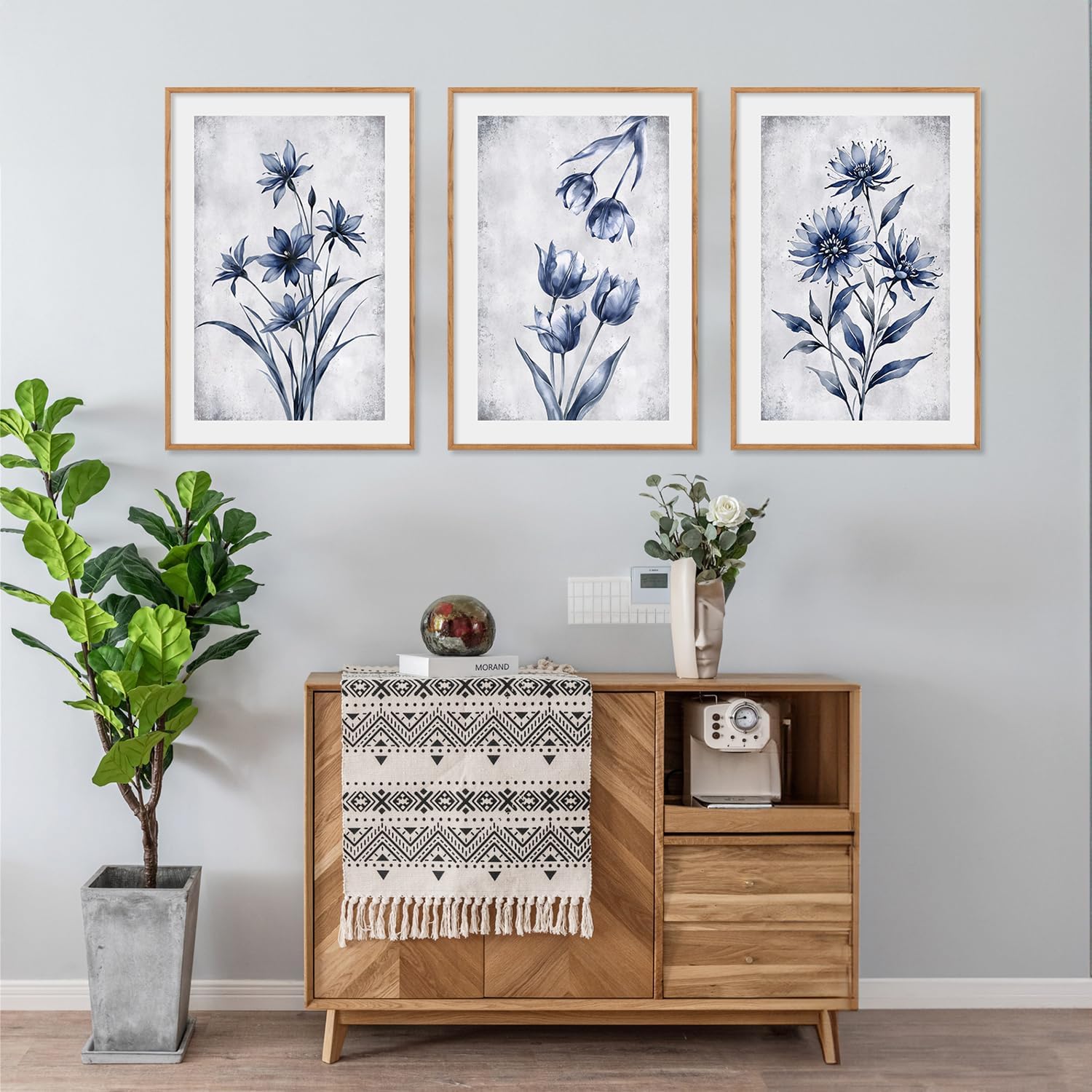 LHIUEM Large Mountain Tree Framed Canvas Wall Art Set,Modern White Forest Art Printing Country Minimalist Wood Wall Decor Farmhouse Zen Artwork for Living Room Bedroom Office-24x36x3