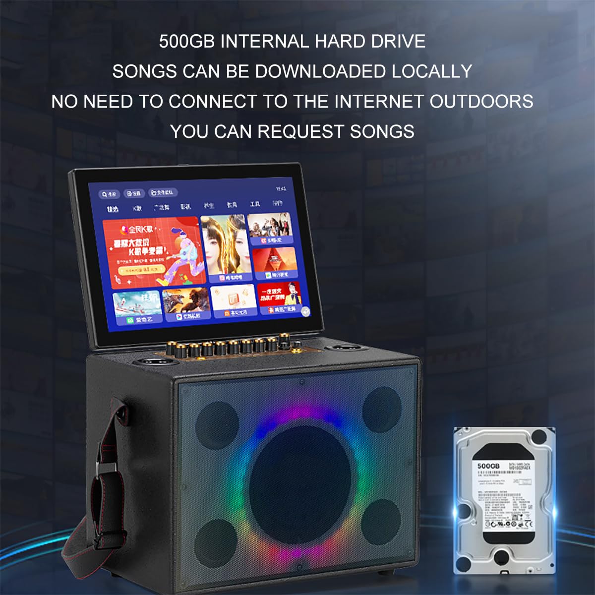 Urządzenie do karaoke z 14-calowym wyświetlaczem, przenośnym głośnikiem Bluetooth, 2 mikrofonami bezprzewodowymi, dyskiem twardym 500G i uchwytem audio (white)