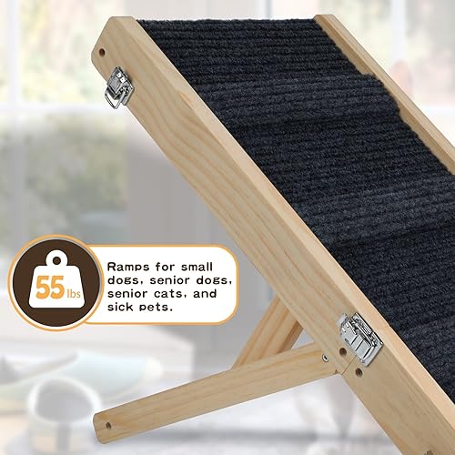 Miniatura 6 de Rypet Rampa ajustable de madera para perros pequeños, rampa plegable portátil para perros clasificada para 55 libras, rampa ajustable de 8.3 a 17.3