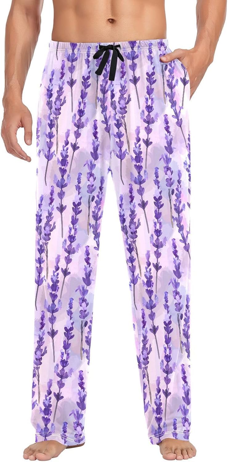 ALAZA Lavender Flower Print Men's Pajama Pants Men Cotton Pajama Bottoms with Pockets, S