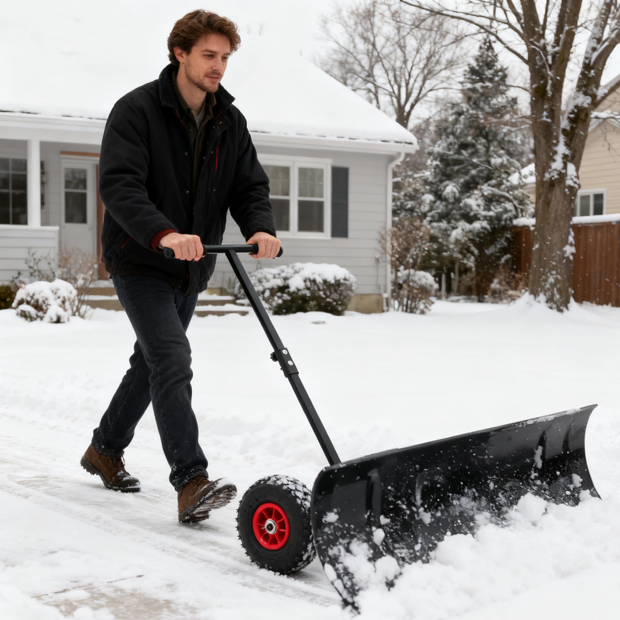 Räder-Schneeschieber 74x36cm - Rückenschonender Schneeschaufel mit 5-Fach Höhenverstellung, Klappbarer Metall-Schneeschild für Garten, Gehwege & Einfahrten
