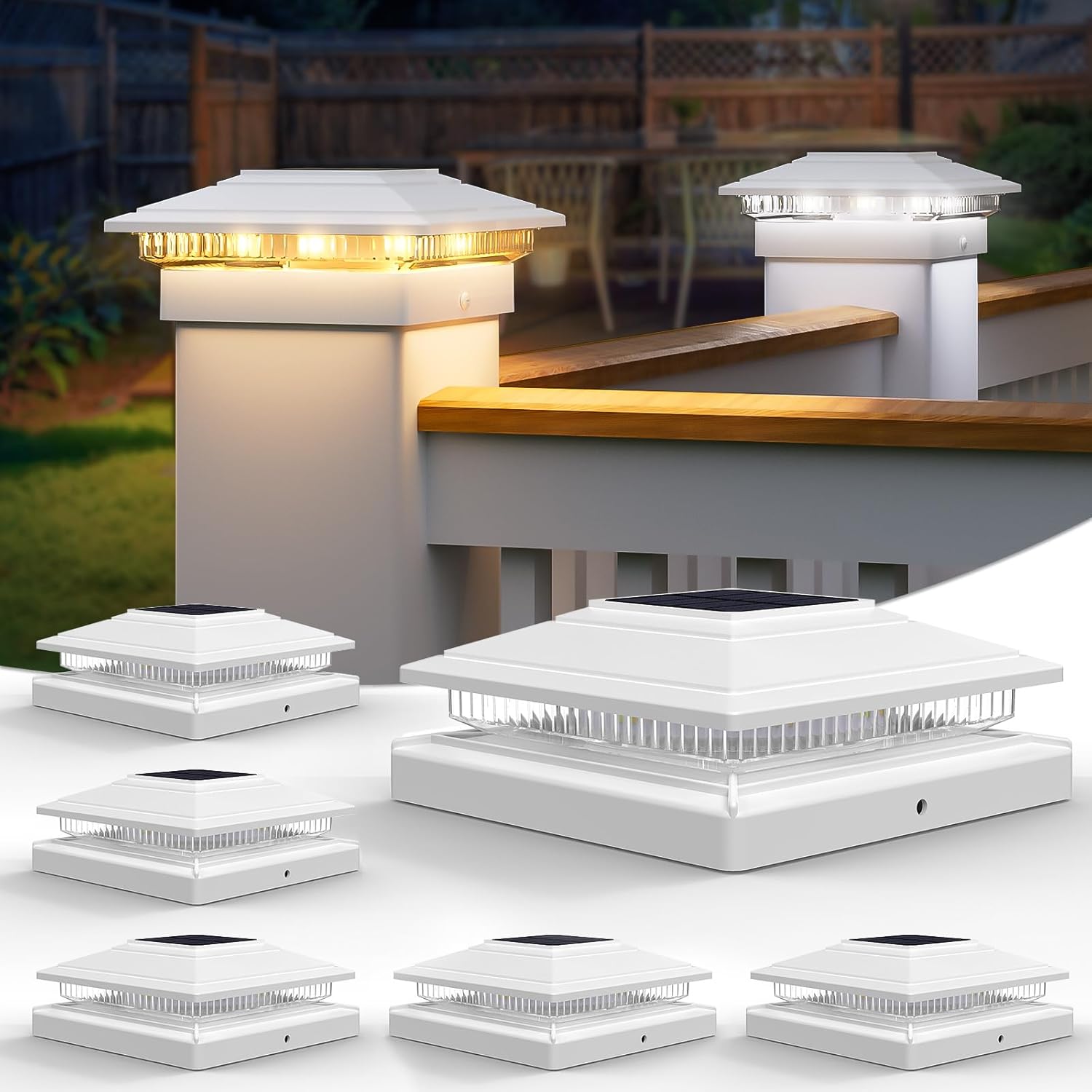 VOLISUN Solar Fence - Post Lights, Solar Post Cap Light Outdoor Waterproof 6pack, White Deck Cap Light Solar Powered, for 4x4 5x5 6x6 Wooden/Vinyl Post
