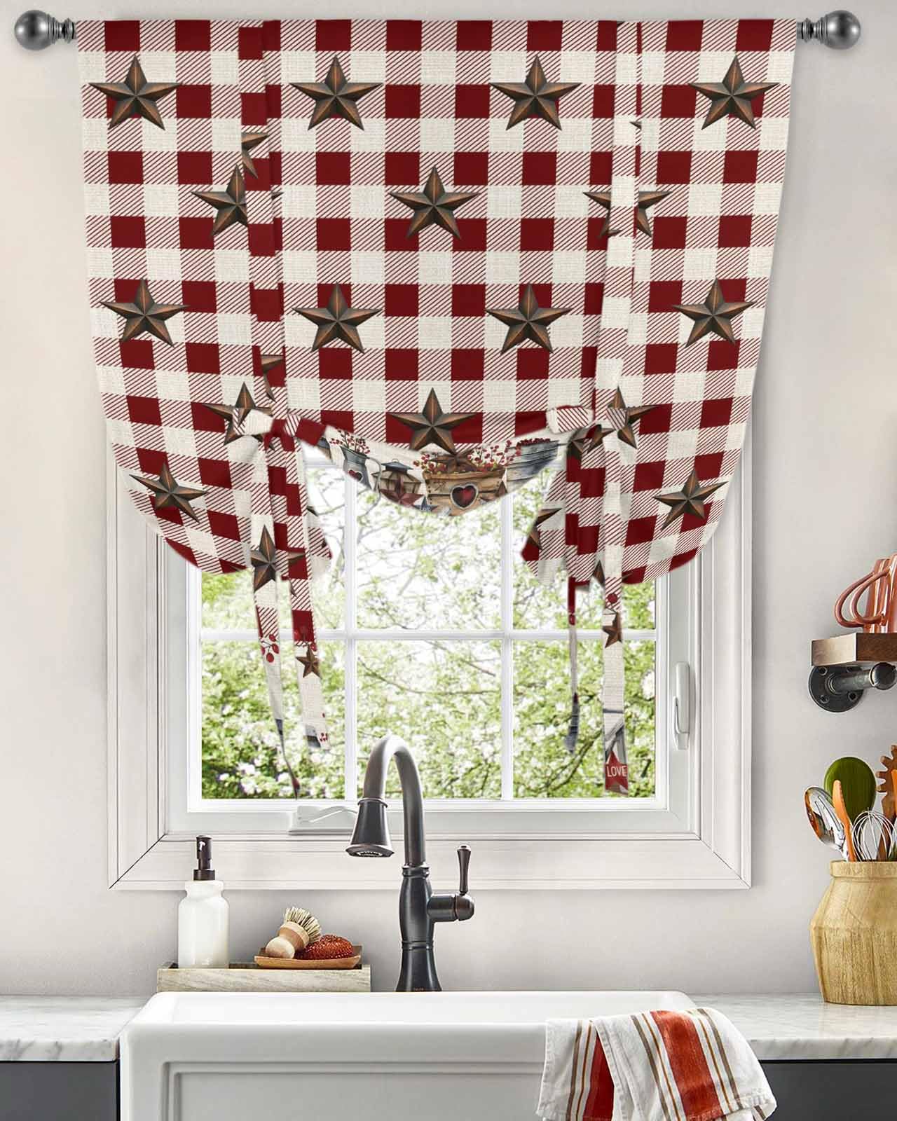 Farm Red Tie Up Curtains for Windows 45 Inch Length Balloon Curtains Kitchen Adjustable Balloon Window Shade Brown Western Texas Star Red Plaid Country Tie Up Valance Bathroom Curtain Window 34