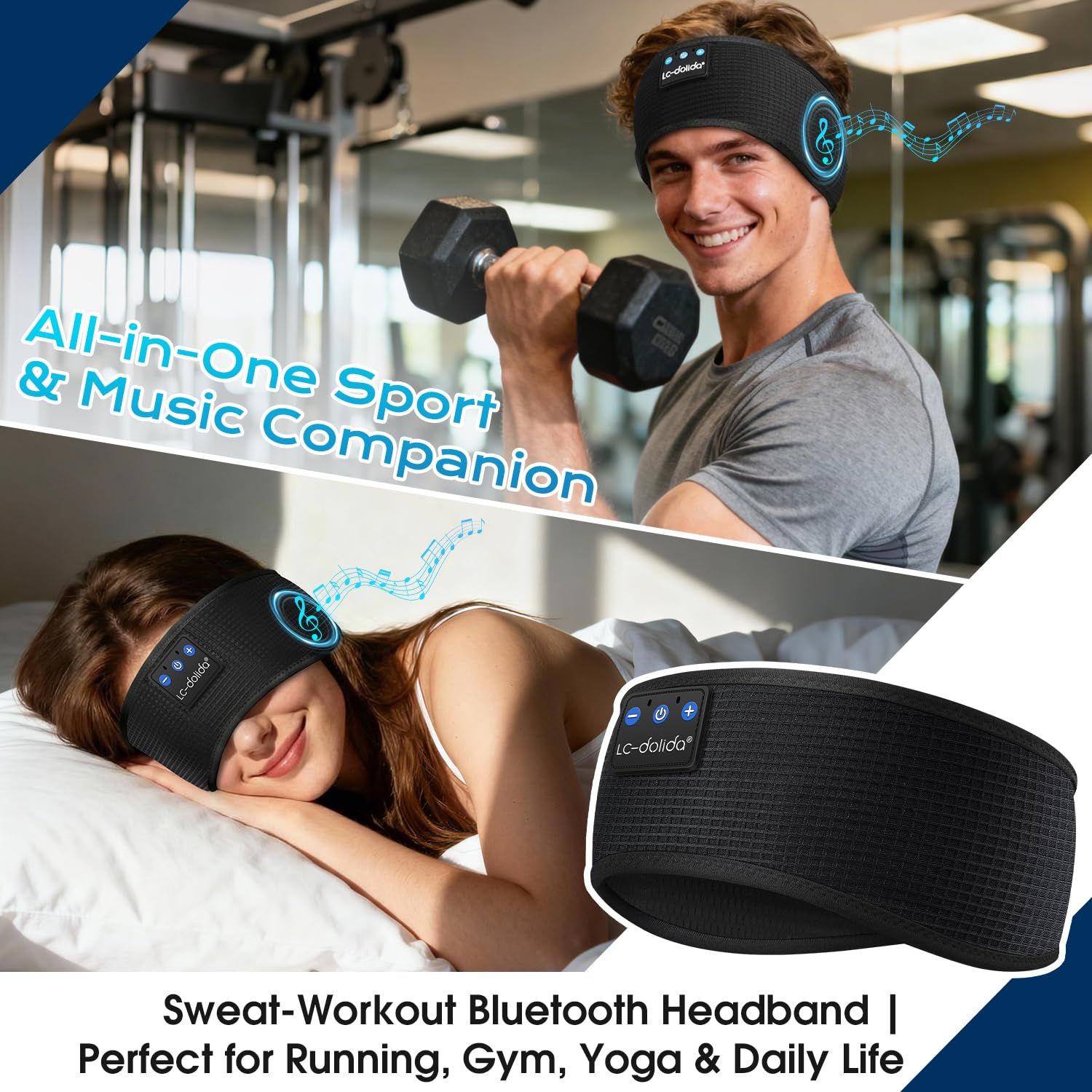 LC-dolida Bandeau Écouteurs de Sommeil Bluetooth V5.4, Casque Audio Bandeau sans Fil, Bandeau Audio Sommeil de 15 Heures de Lecture, Bandeau de Sommeil Léger avec Stéréo HiFi - 2