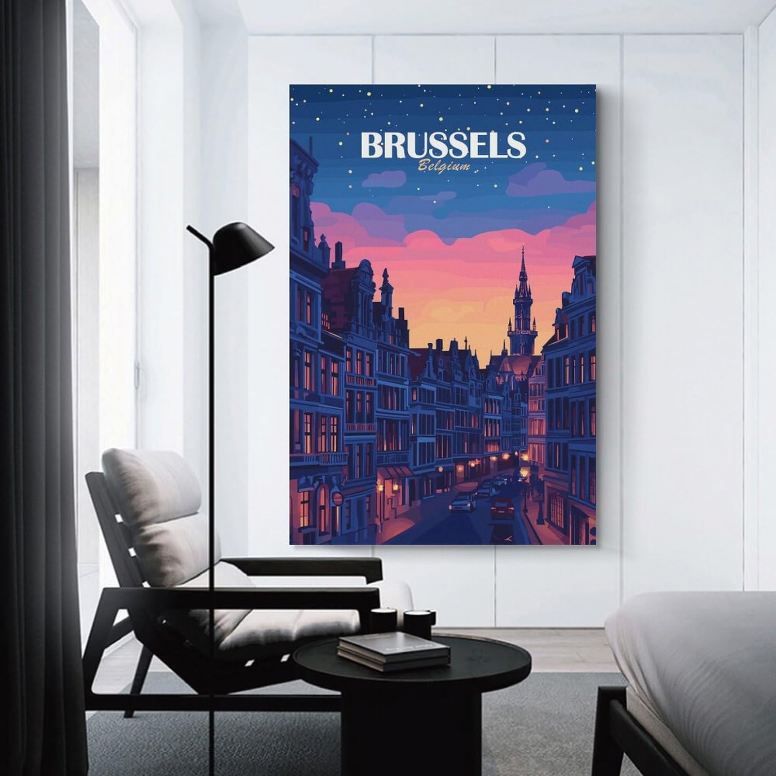 Junmoney Brussels Belgium Cityscape at Dusk Wall Picture Print 20x30inch(50x75cm), for Home Office, Desk Area Or Studio, Home Office Artwork with Decorative Appeal