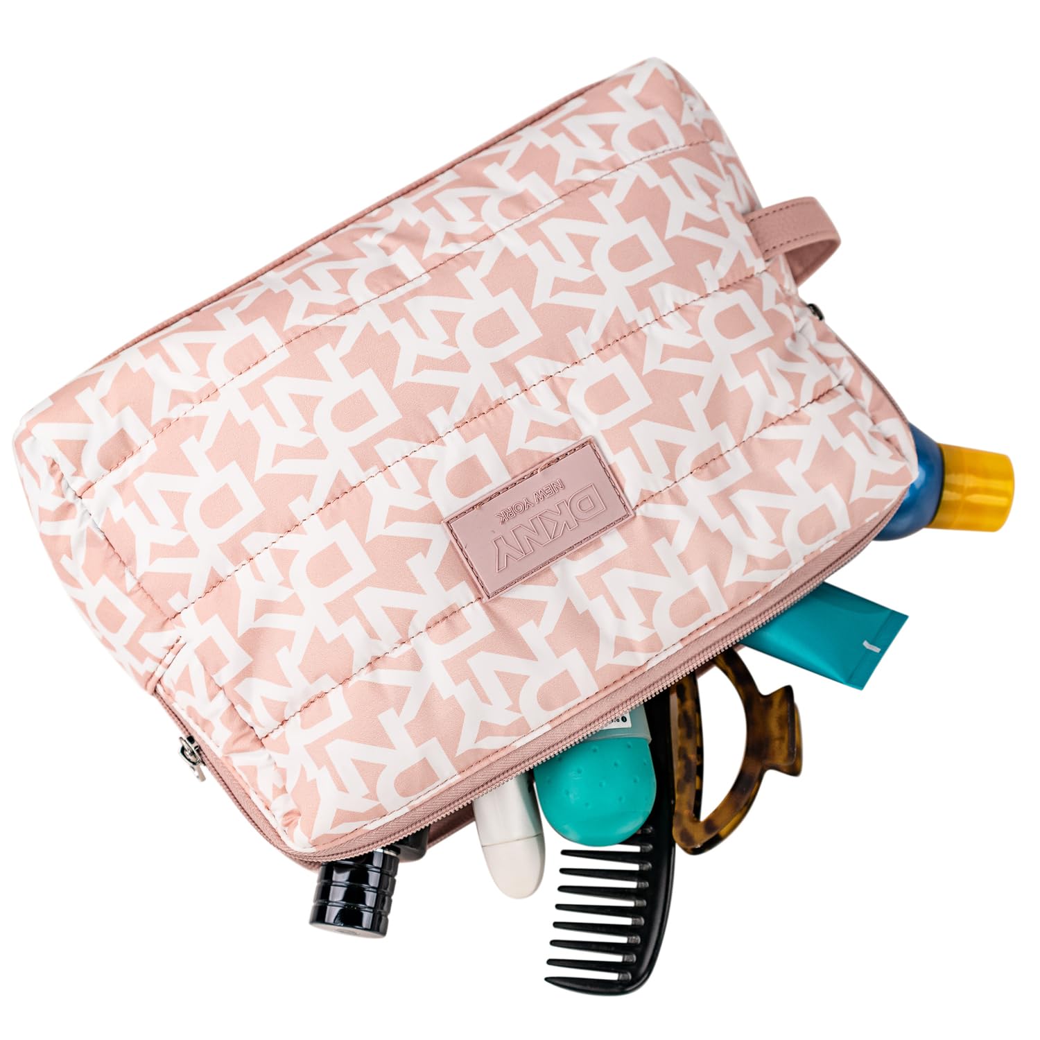 DKNY - Neceser Viaje Grande Mujer Bolsa Aseo Mujer Plegable Impermeable con Compartimentos Organizadores para Cosméticos y Accesorios de Higiene, Rosa empolvado