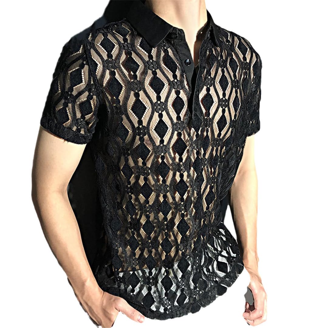 Yeuyyben Camicia Trasparente A Maniche Corte con Motivo Geometrico Estivo Camicia Nera da Uomo con Bottoni Trasparenti