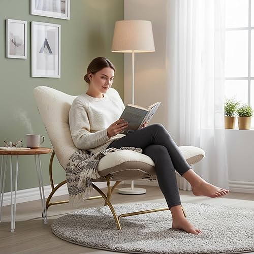 Miniatura 2 de Tiita - Silla decorativa perezosa, cómoda con estructura metálica y tela de felpa, silla reclinable espaciosa y acogedora para sala de lectura, sala