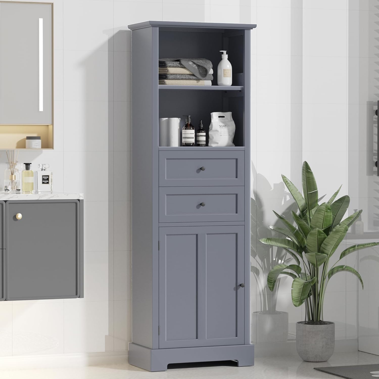 Merax, Grey Storage with Doors and Two Drawers