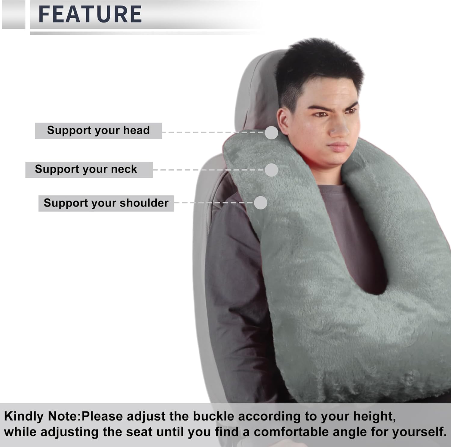 Car Headrest Pillow Ergonomic Comfortable Neck Pillow Neck Support Pillow Polyester,Polypropylene Cotton Adjustable Width Gray 1 Pcs for Driving