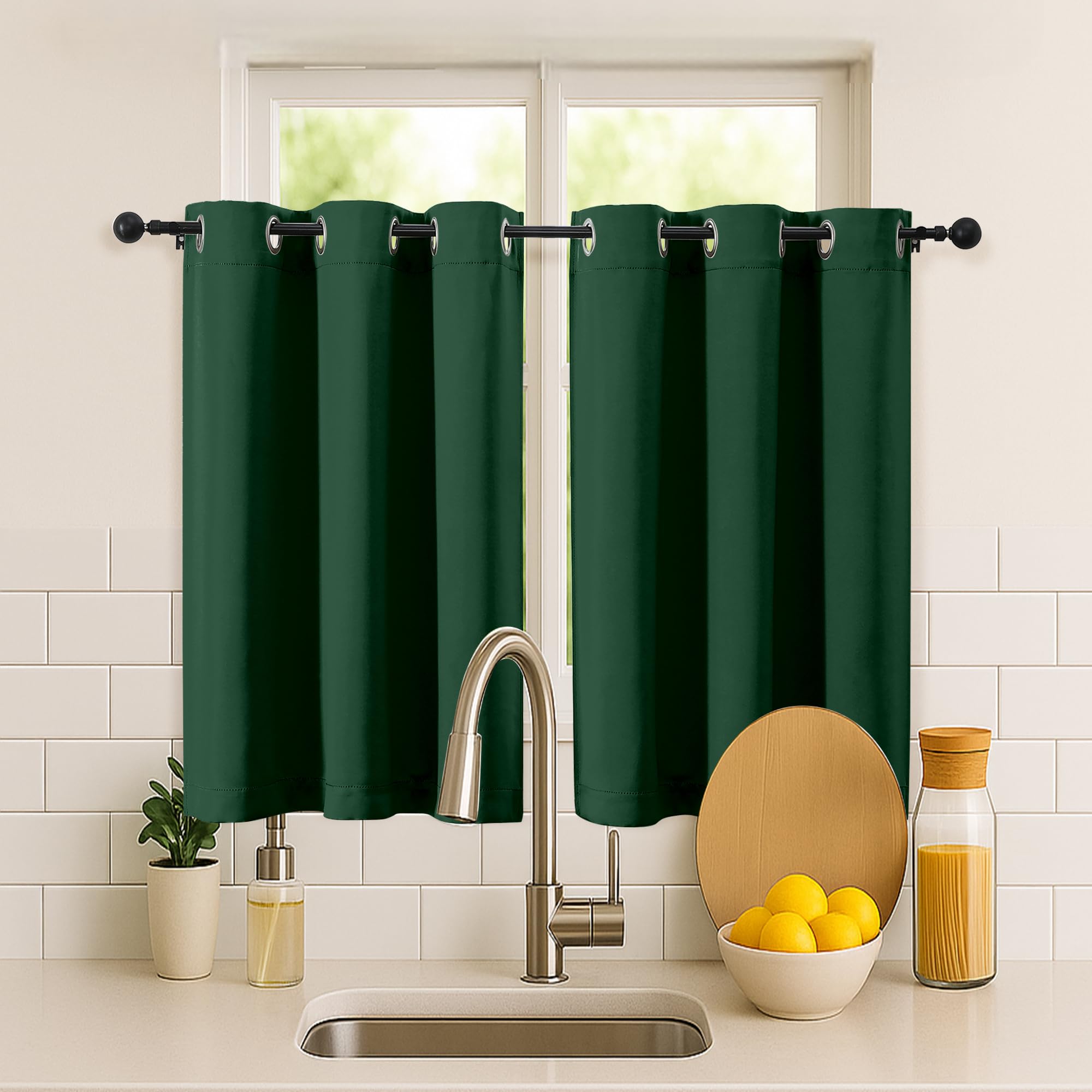 Simplebrand Ever Green Short Cafe Curtains 36 Inch Length 2 Panels Set, Half Window Grommet Privacy Drape Tiers for Kitchen, Thermal Insulated Room Darkening Curtains for Bathroom Shades, W40 x L36