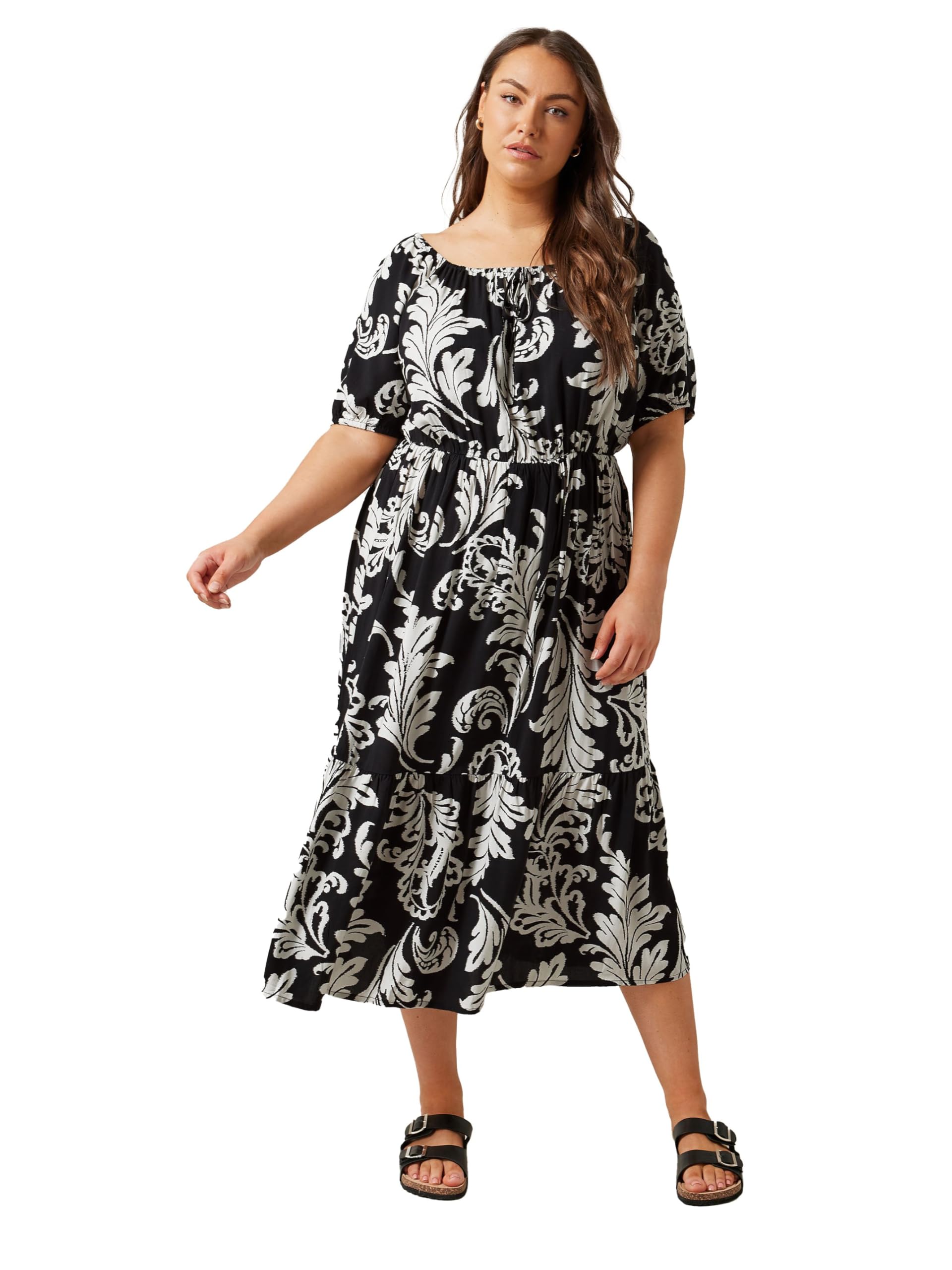 Evans Women's Black Curve Abstract Print Modal Tiered Midi Dress - Plus Size Curve