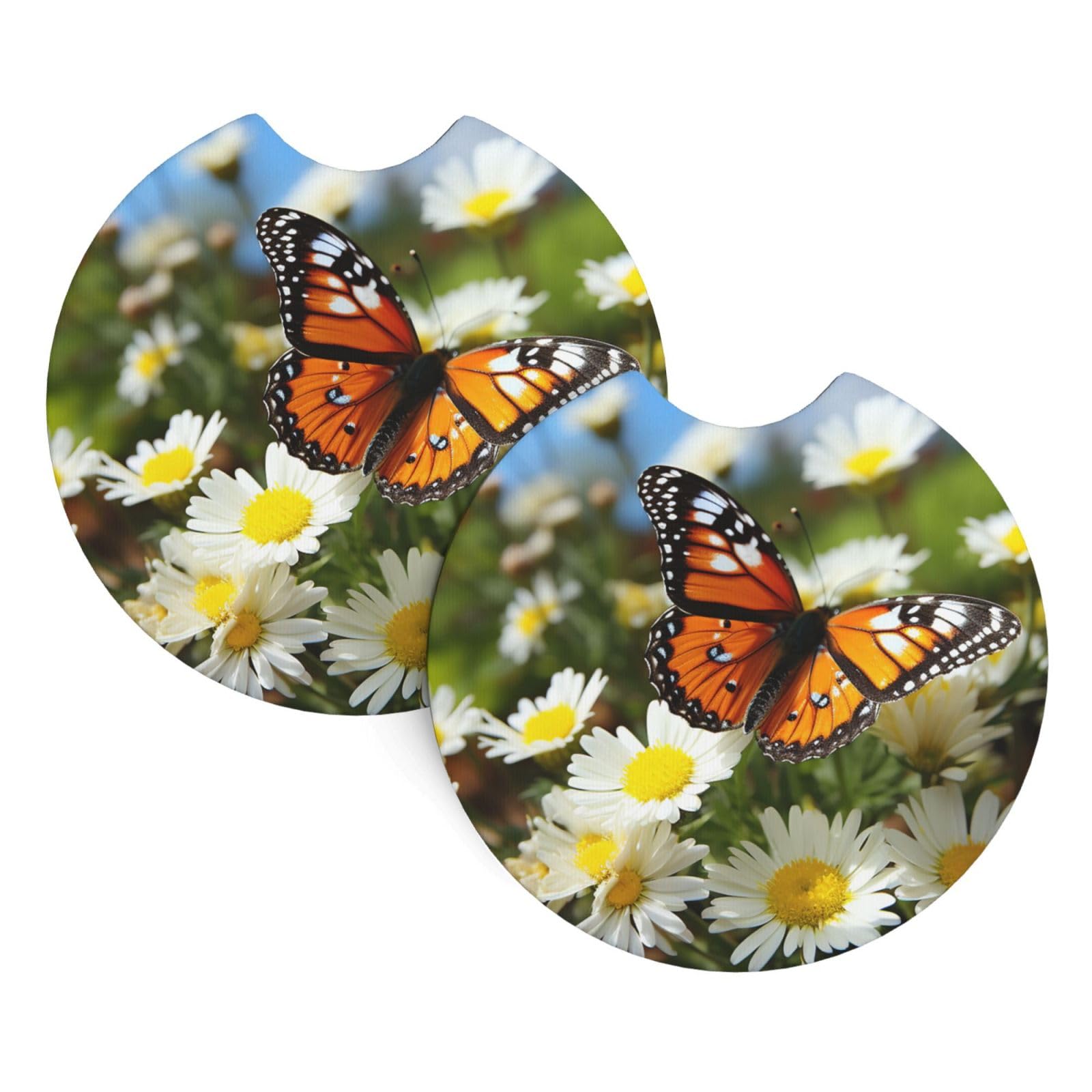 2PCS Car Coaster for Cup Holders Universal Auto Cup Mat Butterfly on Daisy Flower Cup Coaster Pad 2.7" Waterproof Neoprene Non-Slip Cup Holder Coasters Car Interior Accessories for Women Men