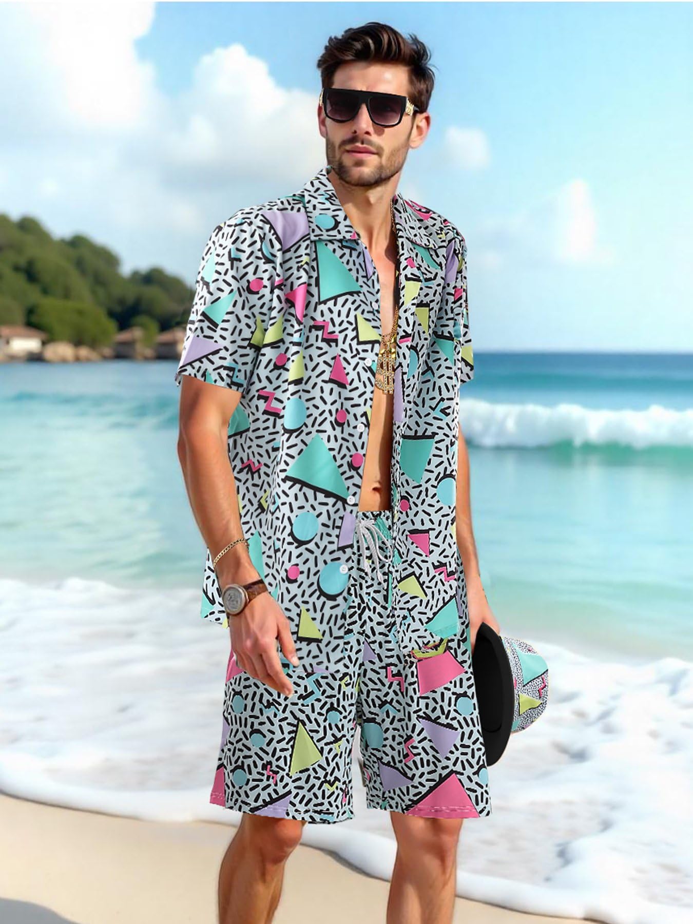 80s 90s Outfit for Men, Hip Hop Costume Button Up Blouse Tops Disco Retro  Theme Party Outfit Hawaiian Vintage LightBlue-L - BigaMart