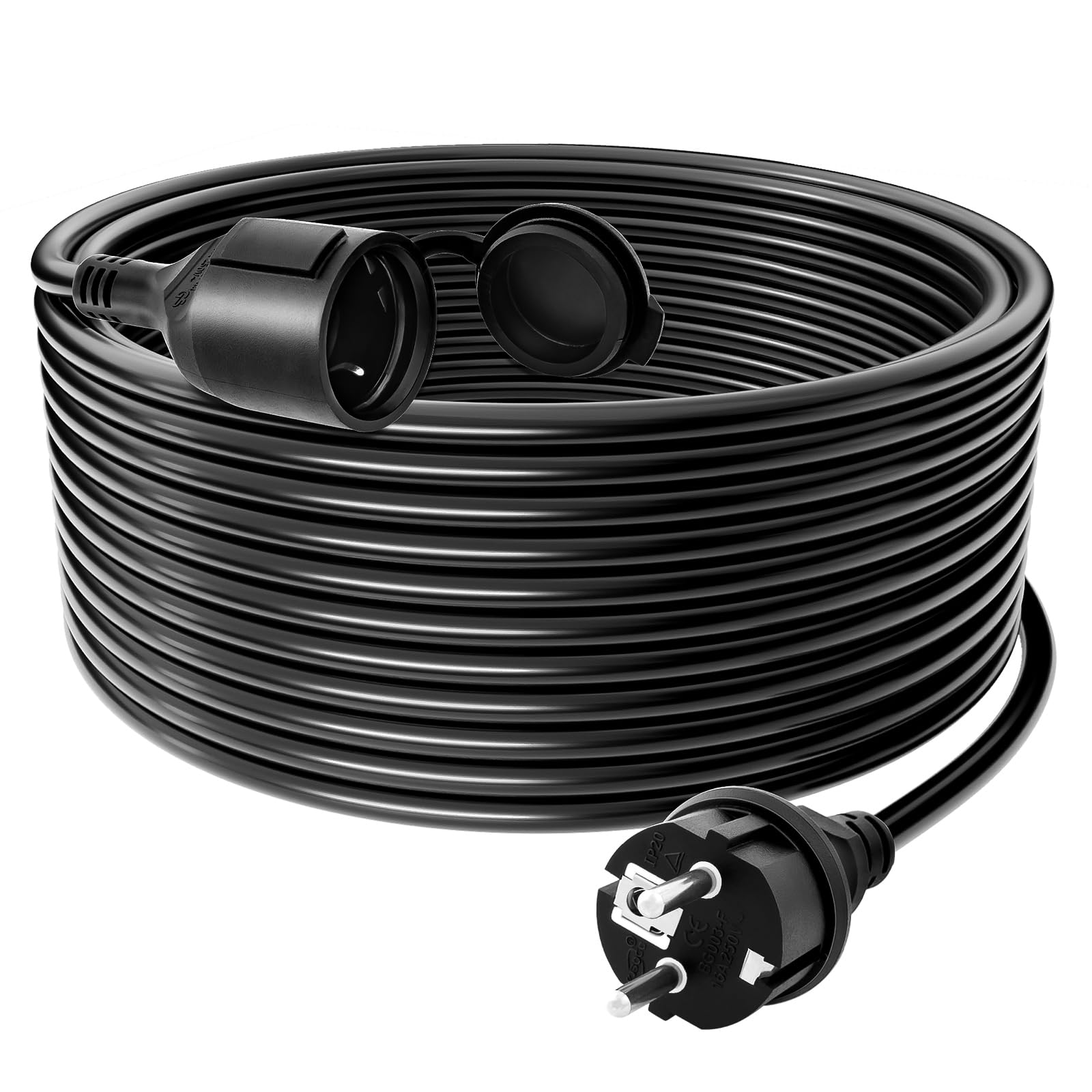 Prolunga elettrica 30 metri per esterni, Cavo di prolunga con cappuccio di protezione, Prolunga Impermeabile HO7RN-F 3G1.5mm², per Casa, Ufficio, Negozio, Lavoro