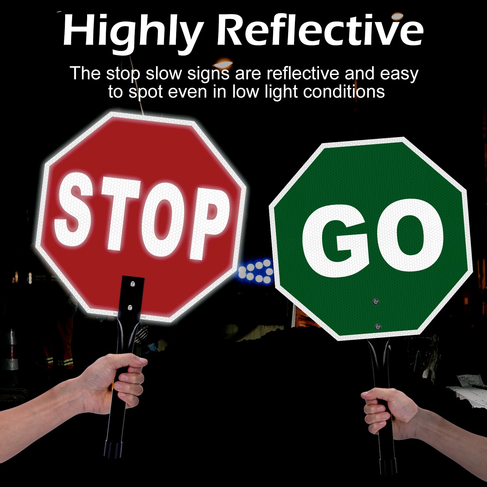 Stop Go Sign with Handle, 12 x 12 Inches Rust Free Aluminum Reflective, Stop/Go Handheld Traffic Sign, Double Sided, Weather Resistant, Easy to Mount — Amazon image 4
