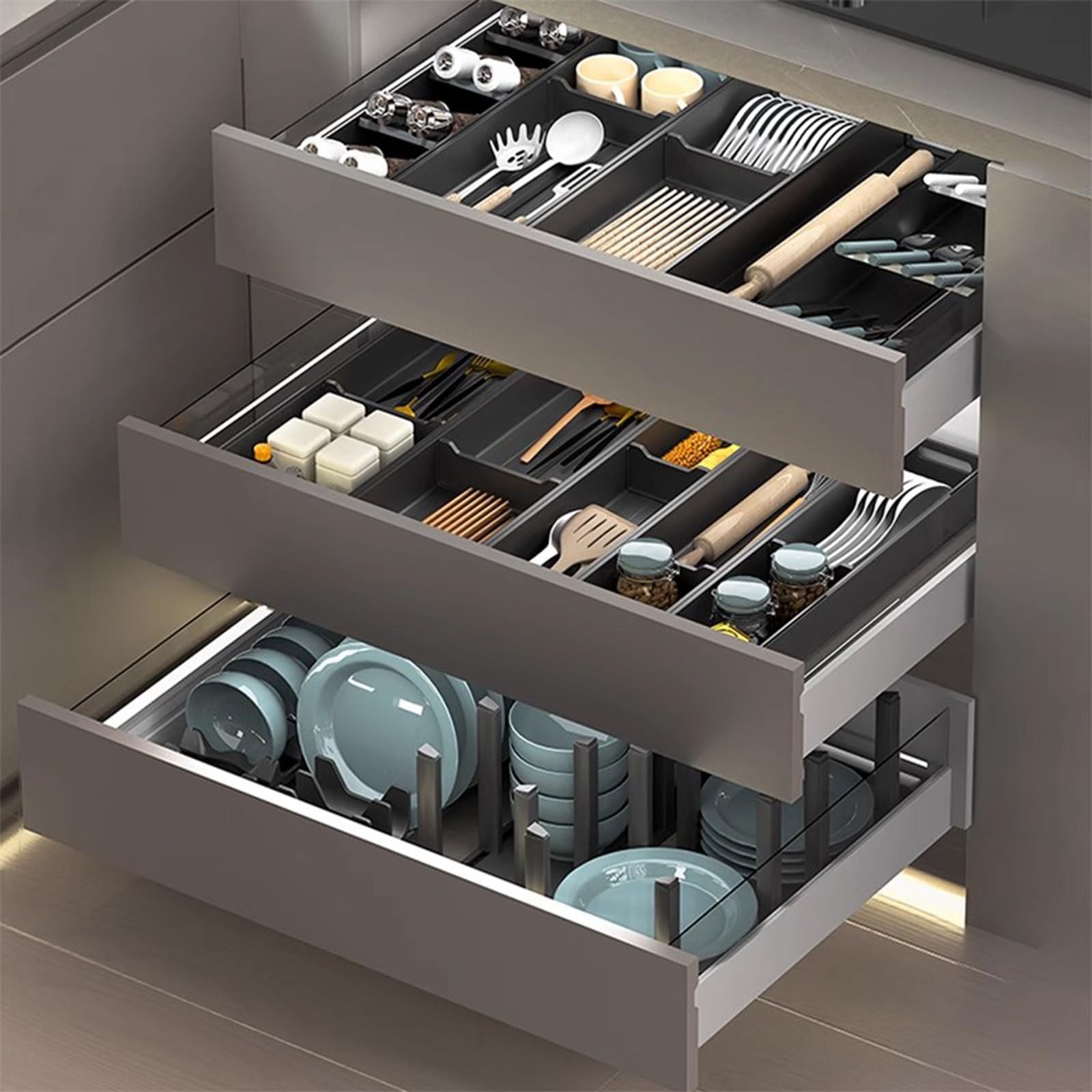Verstellbarer Besteckkasten für Schubladen – Integrierter Besteckorganizer aus Aluminium, schwarzer, wasserdichter Utensilieneinsatz für die Küche – Fächer zur Aufbewahrung von Löffeln, Gabe