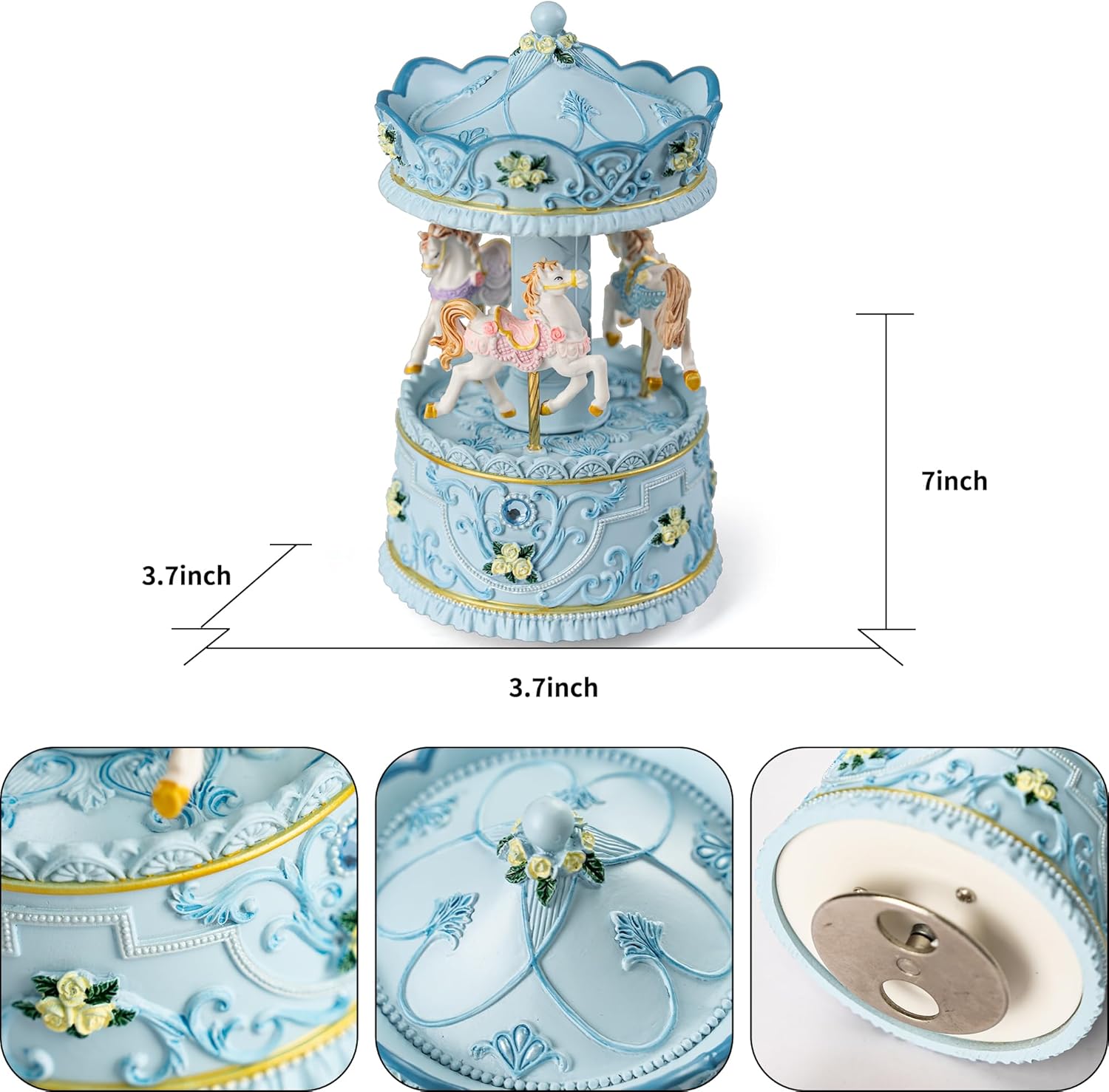 Elegant Blue Carousel Music Box,Handcrafted Rotating Horses & Floral Details Musical Figurine, for Birthdays,Christmas,Valentine's Day,Birthday,Home Décor,Plays You are My Sunshine Tune - Image 8