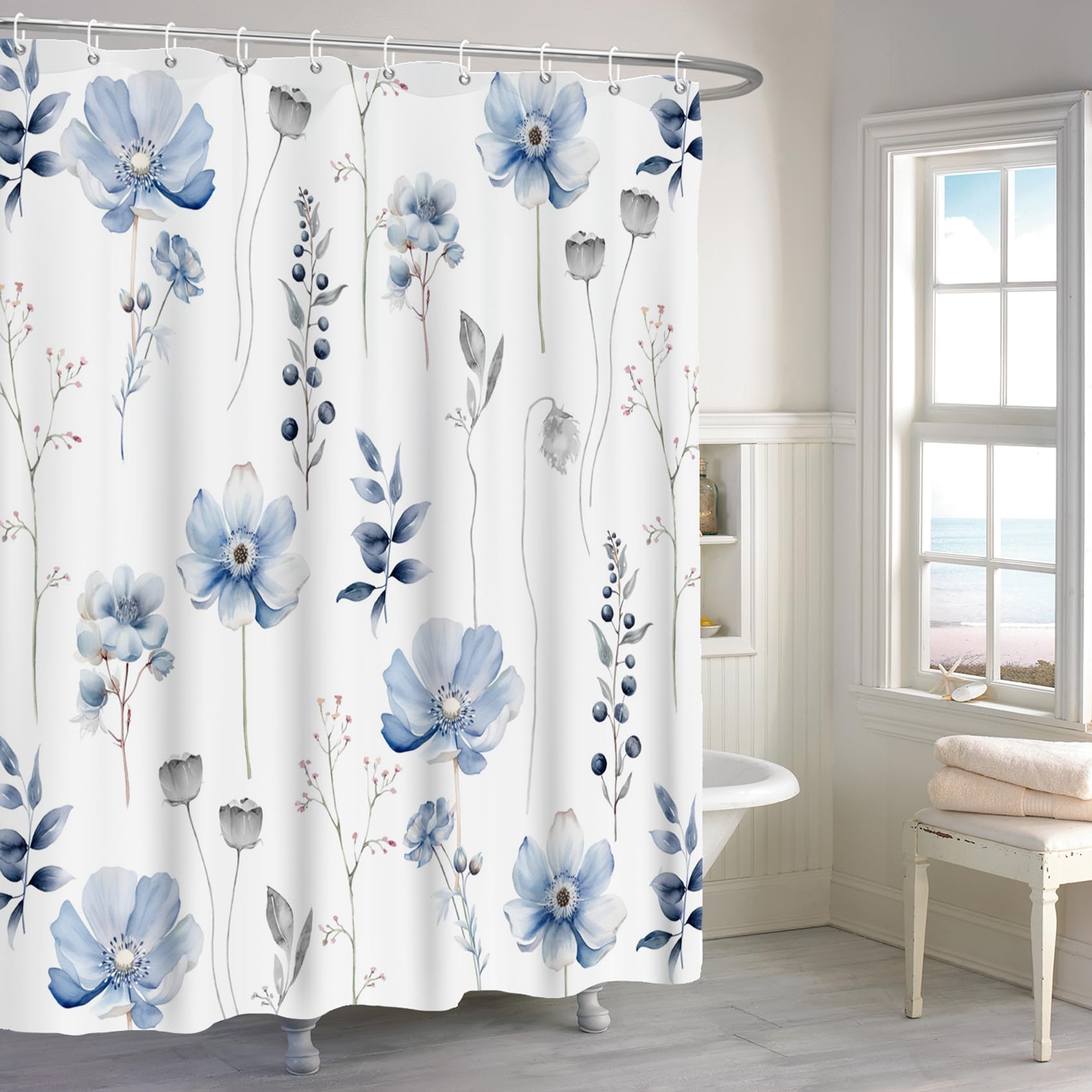 Rideau de douche floral bleu gris 183x183 en polyester élégant