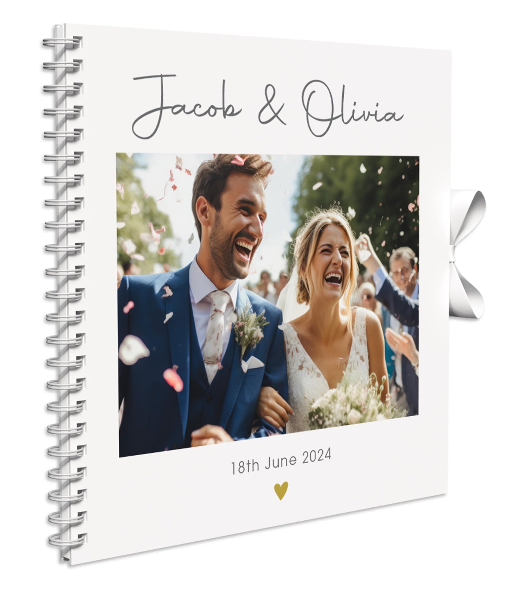 Personalised Photo Wedding Guest Book Keepsakes,Signature Scrapbook, Photo Album Wedding Couple - 20cm x 20 cm - 50 Sheets (Gold Heart Modern, White)