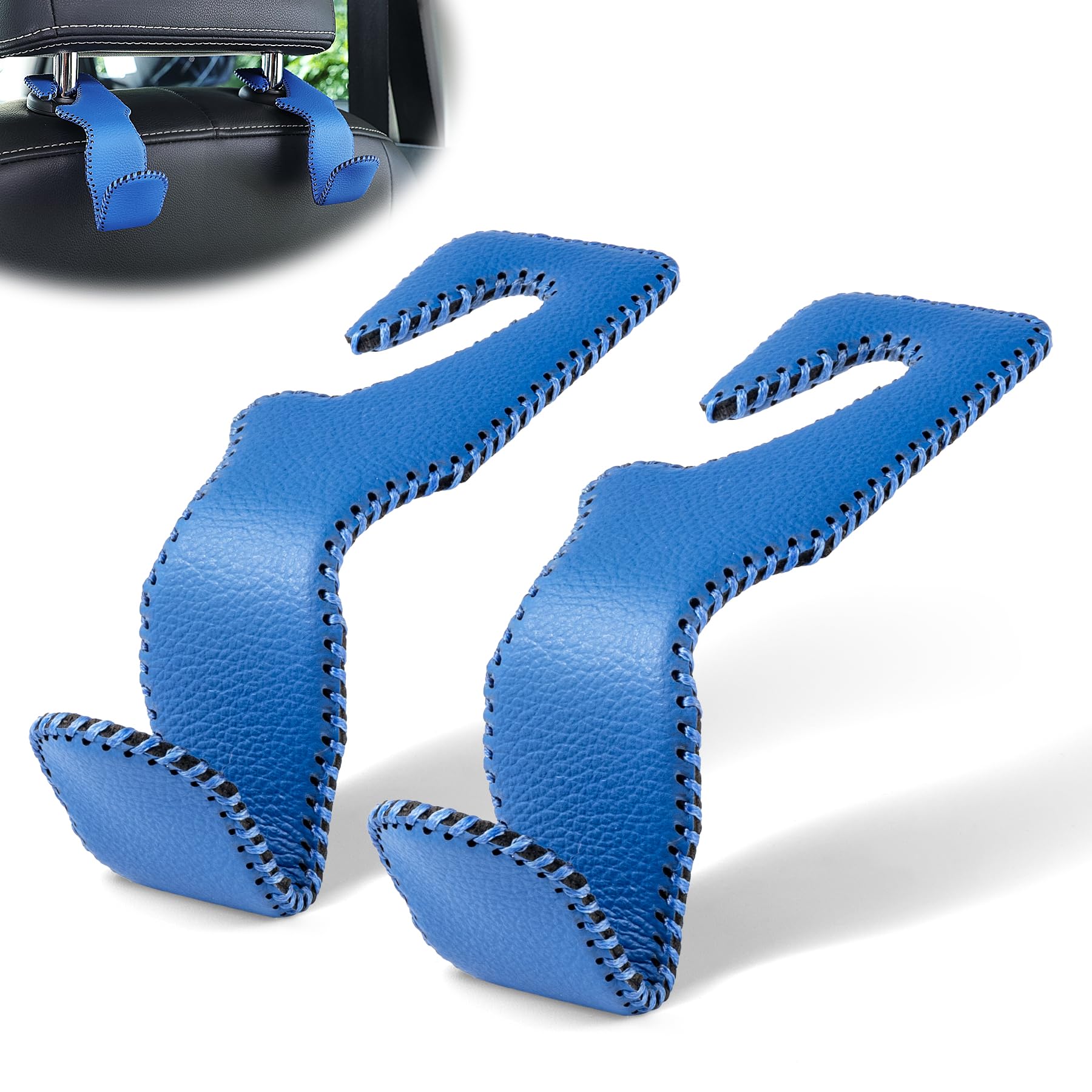 LivTee Blue Superior Leather Car Seat Back Headrest Hook, Auto Seat Hook Hangers Interior Accessories for Purse Coats Umbrellas Grocery Bags Handbag,