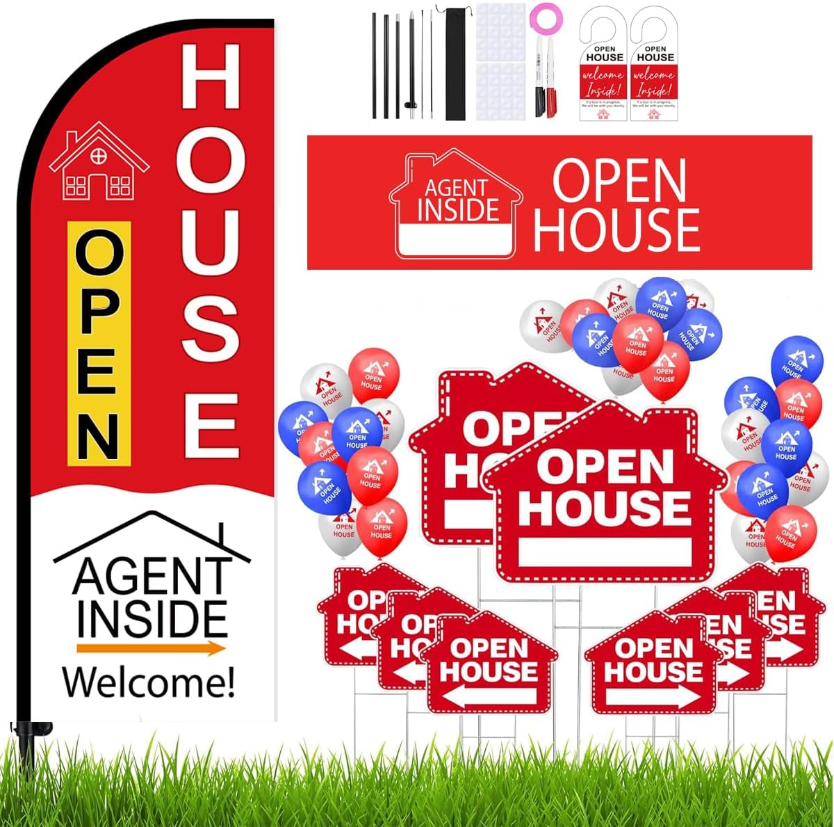 47 Pcs Open House Signs for Real Estate, Single-Sided Open House Signs Kit with 7 Ft Large Flag, 7.8 Ft Banner Sign?2 Door Hangers and 30 Balloons for Real Estate Agents Supplies