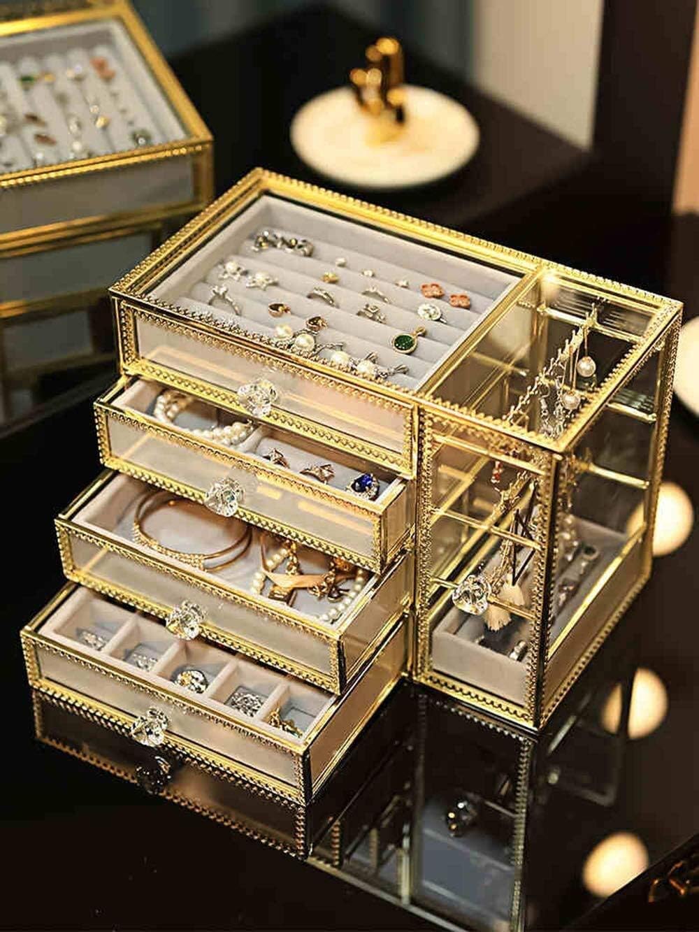 ジュエリーボックス ガラス製ミラージュエリーチェスト ヴィンテージメタルエッジジュエリーオーガナイザー ネックレス 【レザーネックレスペンダントディスプレイスタンドホルダー】 