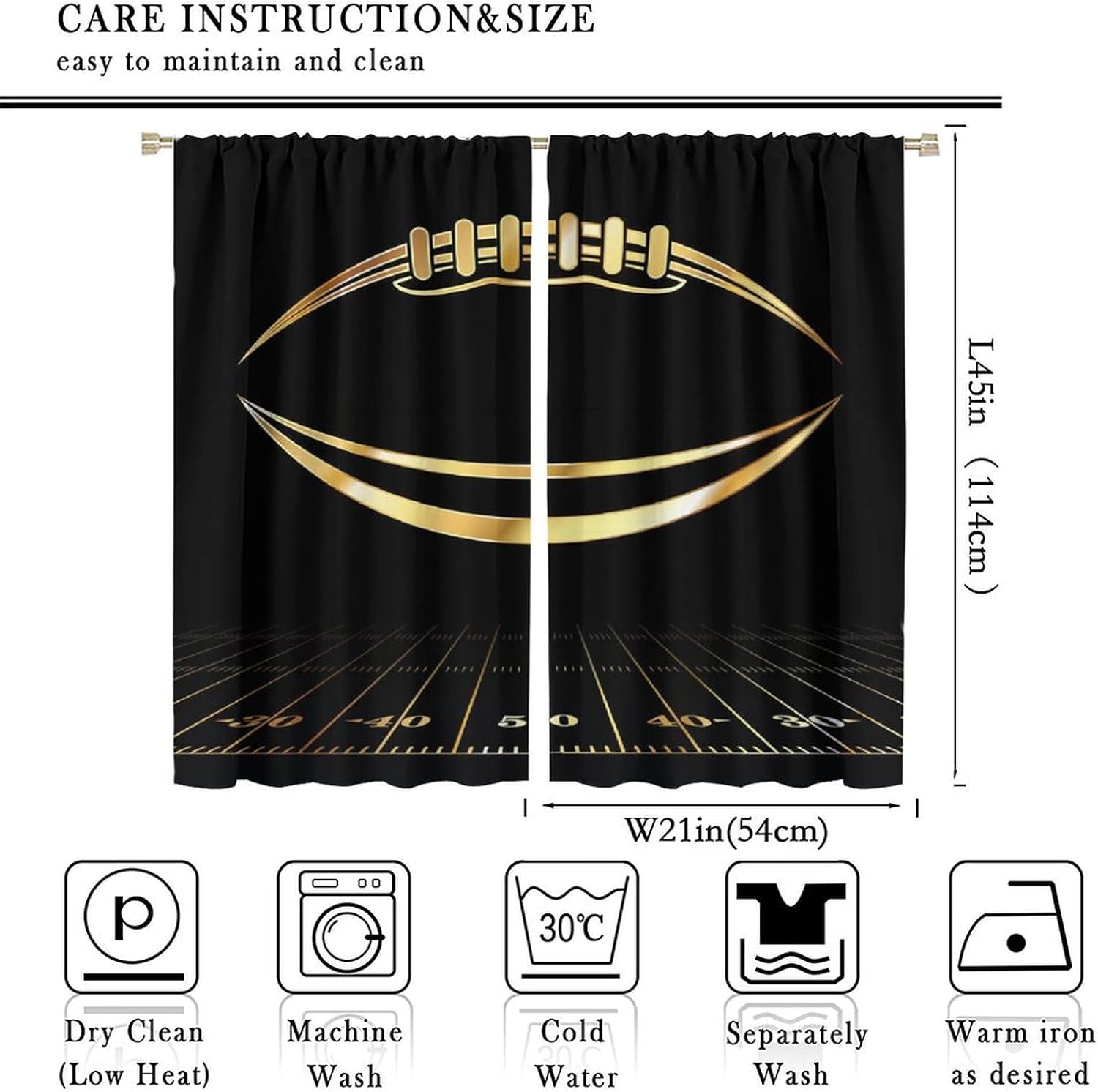 American Football Blackout Window Curtains, Black and Gold Kids Football Window Drapes, for Teens Boys Young Man Living Room Bedroom 21(W)*45(L) 2 Panels