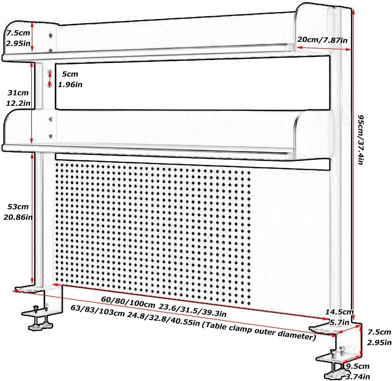 Wall Mounted Storage Pegboard,Wooden Pegboard,Desk Organizer Shelf with Pegboard Workstation Extension Computer Desk Accessories for Office and Gaming Clamp On Privacy Panel 26/35/39.3in Des