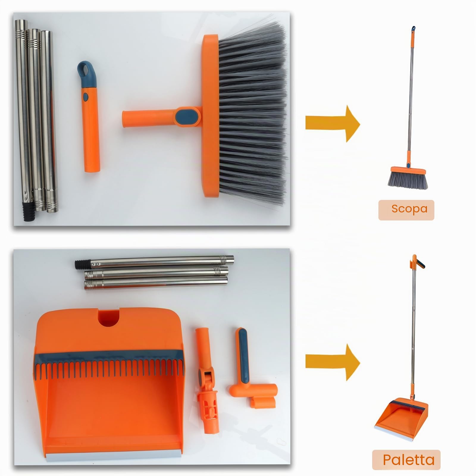 Set di scopa e paletta con denti pettinati Scopa verticale antivento con manico lungo per pulizia domestica e spazzare (arancione)