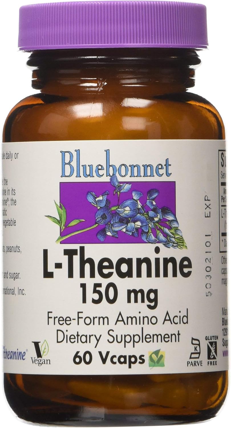 Bluebonnet Nutrition L-Theanine 200mg, Free-Form Amino Acid, Promotes Relaxation*, Soy-Free, Gluten-Free, Non-GMO, Kosher Certified, Vegan, 60 Vegetable Capsules, 60 Servings