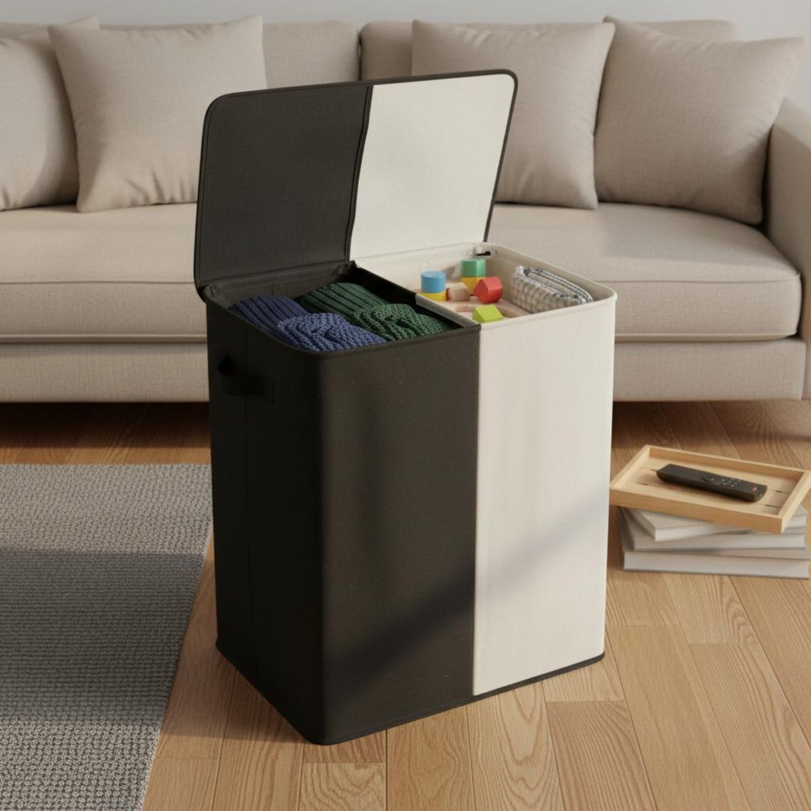 Qianly Cesto de Ropa Plegable Cesto Hamper Organizador Doble Compartimento para Bolsas Interiores Lavables Fácil Limpieza Plegable Apto para Dormitorio Sala Armario Lavandería