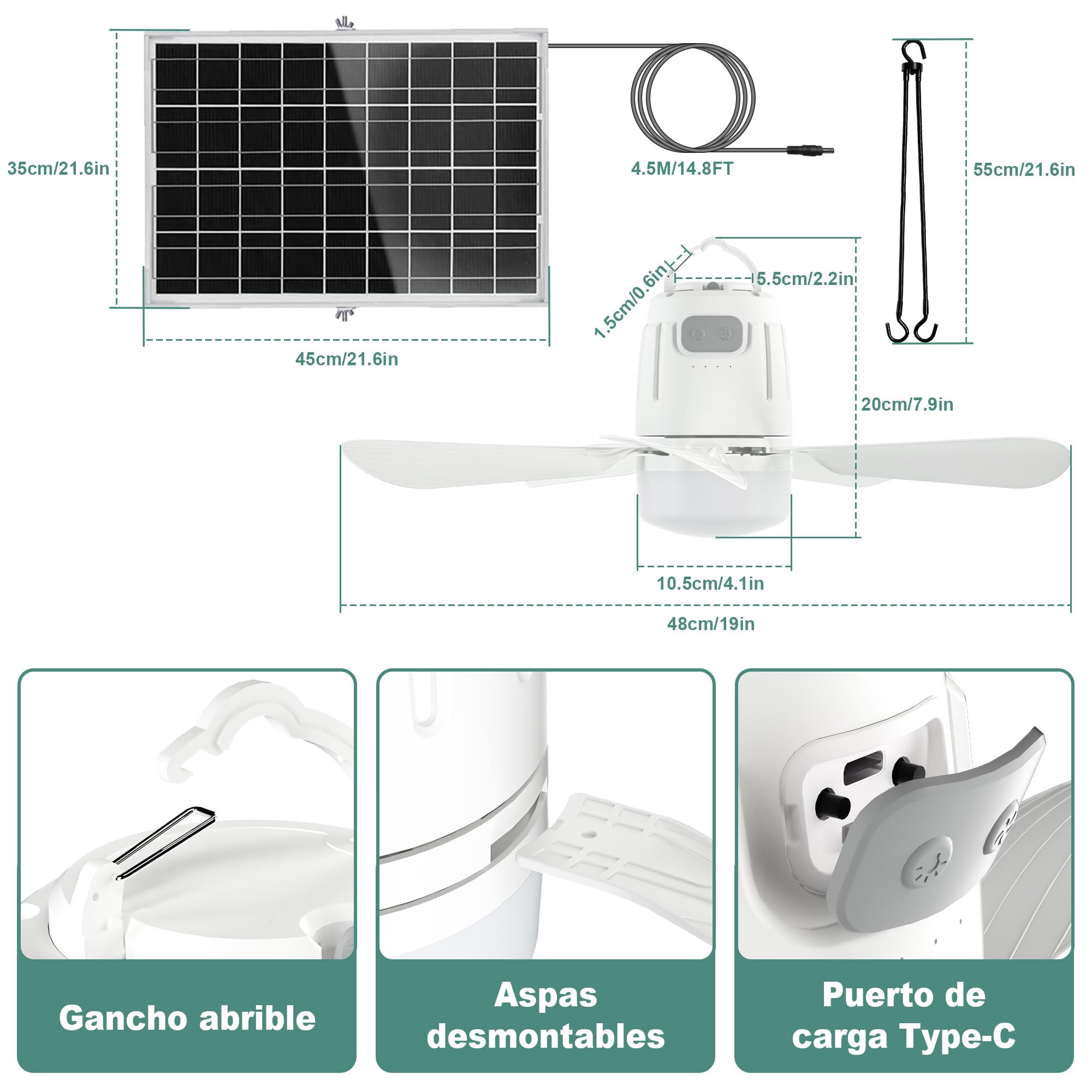 Gliztech Ventilador de Techo con luz Solar, Lampara Ventilador Techo de con iluminación, Panel Solar Control Remoto, Ideal Para Patios, Cenadores, Parasol, Toldos, Parasol, Camping y Jardín. (50cm)