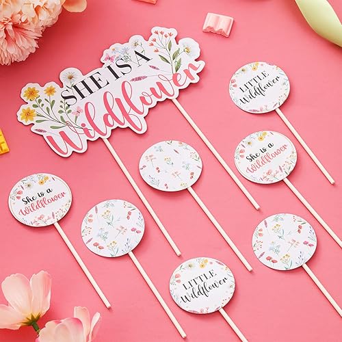 Miniatura 3 de Paquete de 13 decoraciones para cupcakes con diseño de flores silvestres para niñas, temática de flores silvestres para baby shower, suministros de