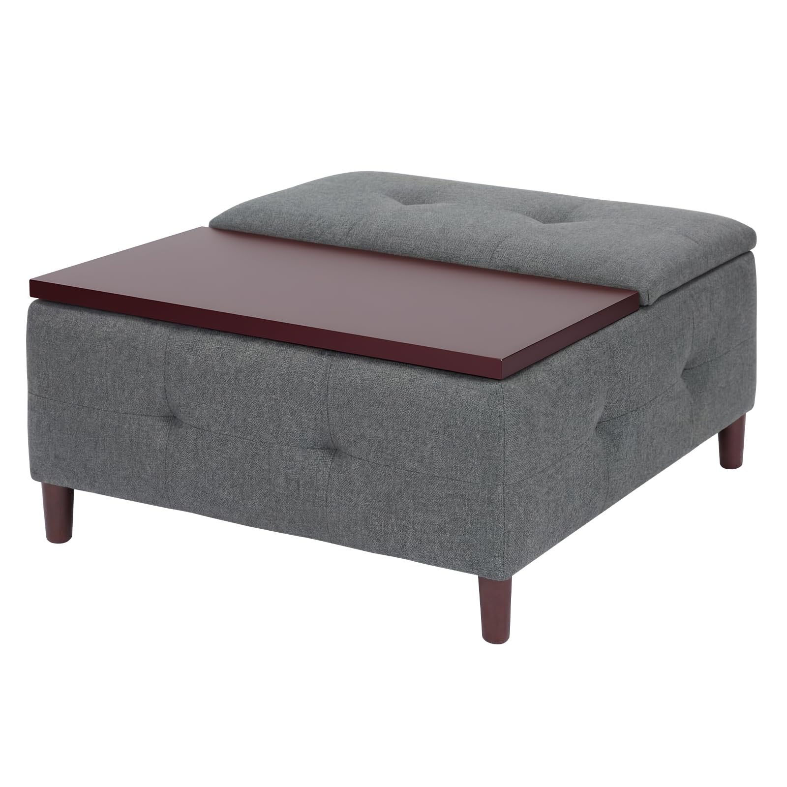 Panana Multi-Functional Storage Ottoman with Lift-Top & Side Table, Spacious Hidden Storage, Wooden Feet Ottoman Coffee Table, Upholstered Footstool for Living Room/Bedroom (Grey Linen)