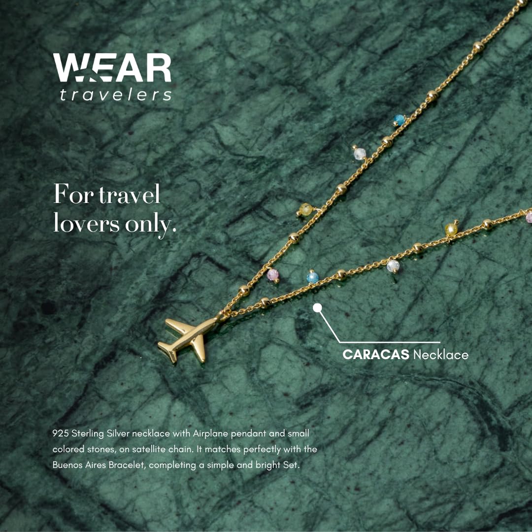 WearTravelers Collana con pendente Aereo e piccole Pietre Colorate in Argento 925 - Prodotto Made in Italy - Collana semplice e delicato per chi ama viaggiare - Modello Caracas